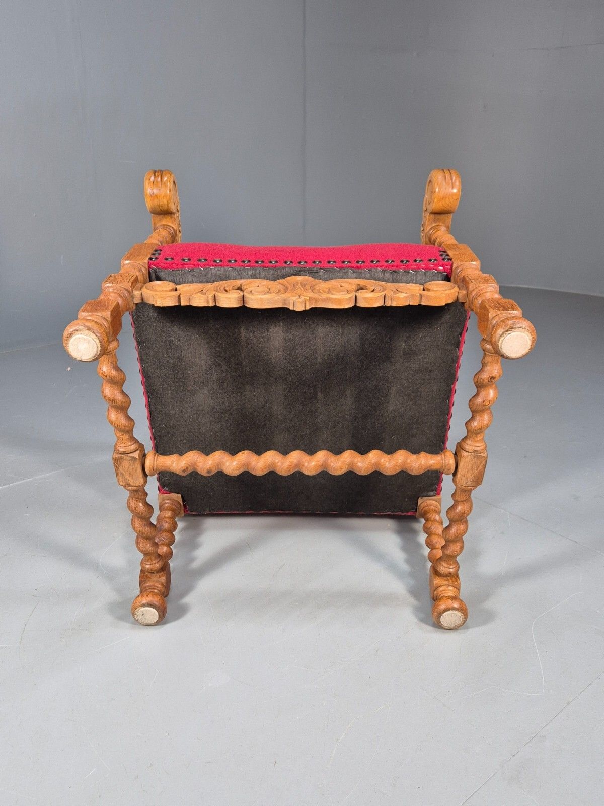 Antique Carved Oak Armchair Red Fabric Studding Vintage Danish Eb9574 Vcar photo vintage