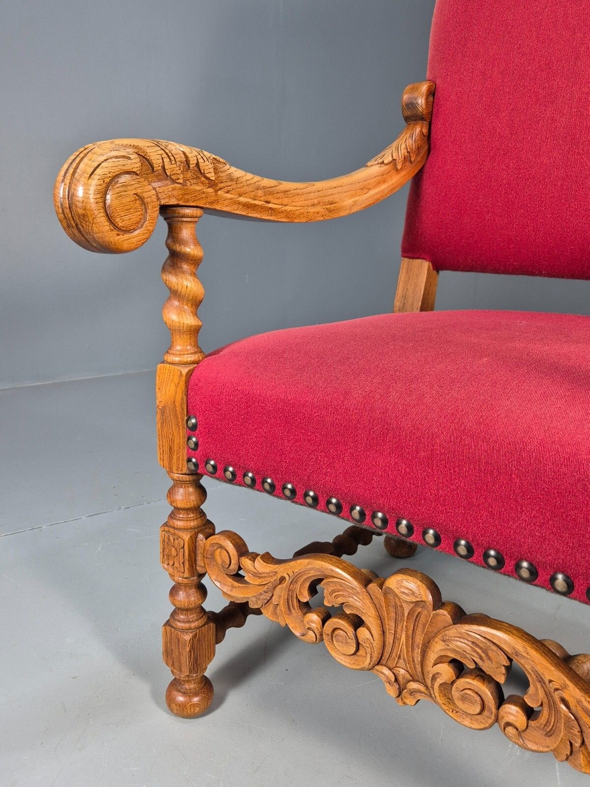 Vintage Danish Baroque Style Armchair In Red Wool And Oak 1950s  Eb9582 Vcar photo vinterior