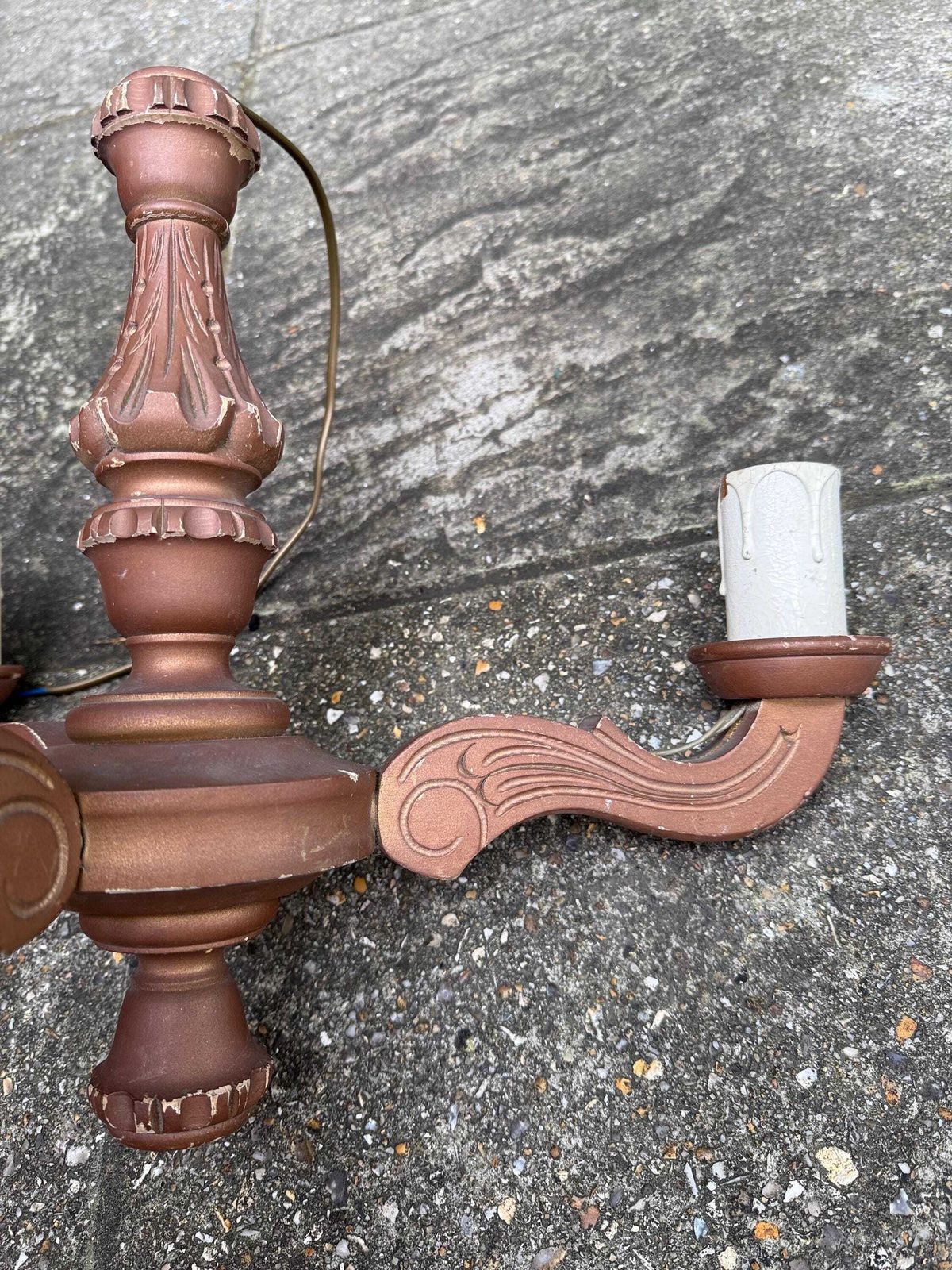 photo furniture Rustic French Revival Painted Wood Chandelier – 3 Arm Ceiling Light With Ornate Scroll Detailing & Vintage Faux Candle Holders