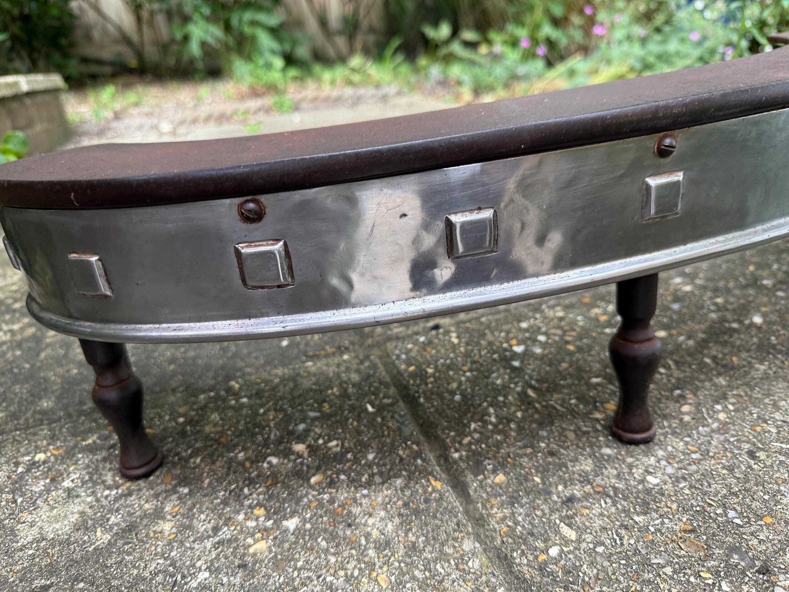 Rare Art Deco Iron & Chrome Fire Fender – Curved Fireplace Guard With Square Stud Detailing, On Iron Legs, C1930s photo for sale