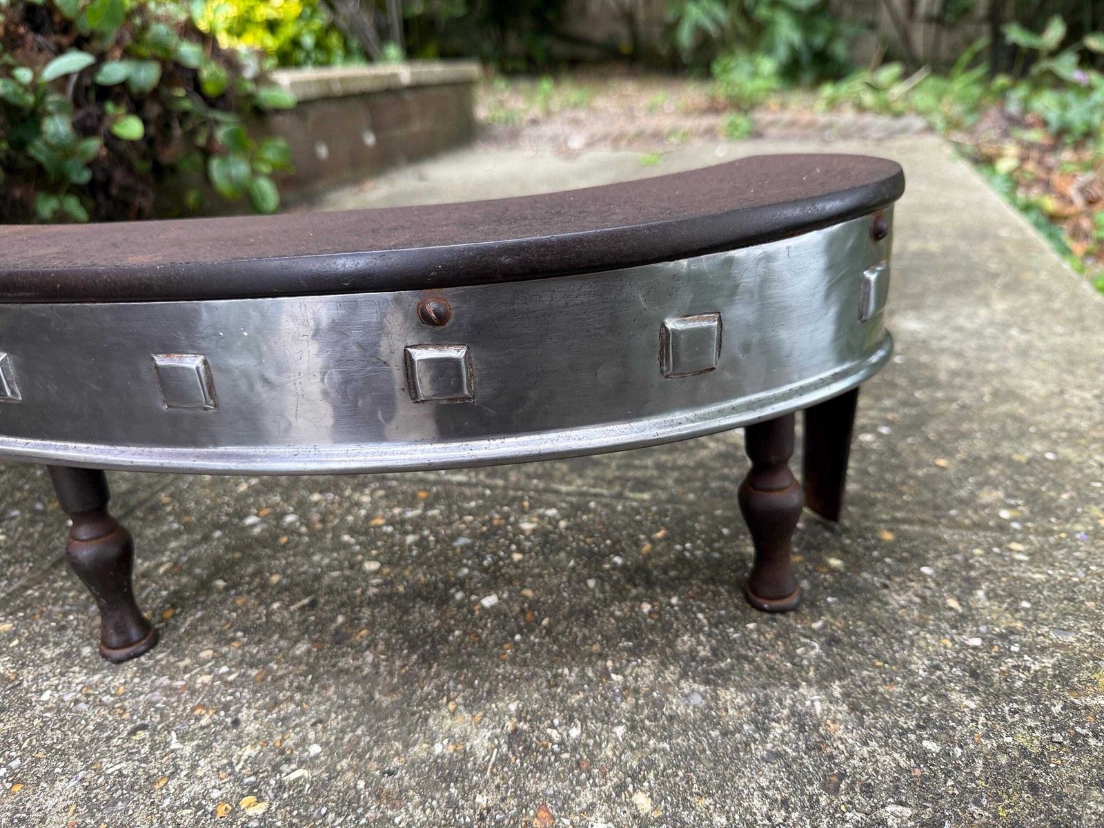 Rare Art Deco Iron & Chrome Fire Fender – Curved Fireplace Guard With Square Stud Detailing, On Iron Legs, C1930s photo 133.0