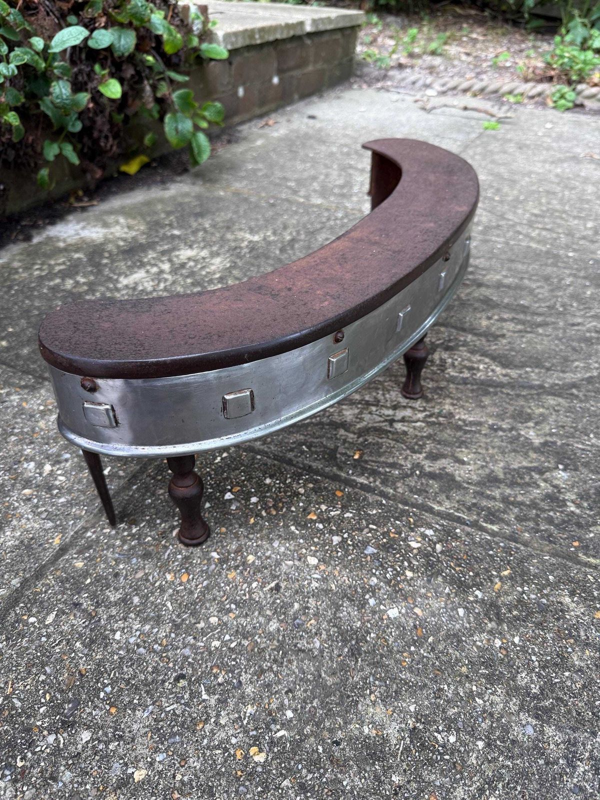Rare Art Deco Iron & Chrome Fire Fender – Curved Fireplace Guard With Square Stud Detailing, On Iron Legs, C1930s photo vinterior