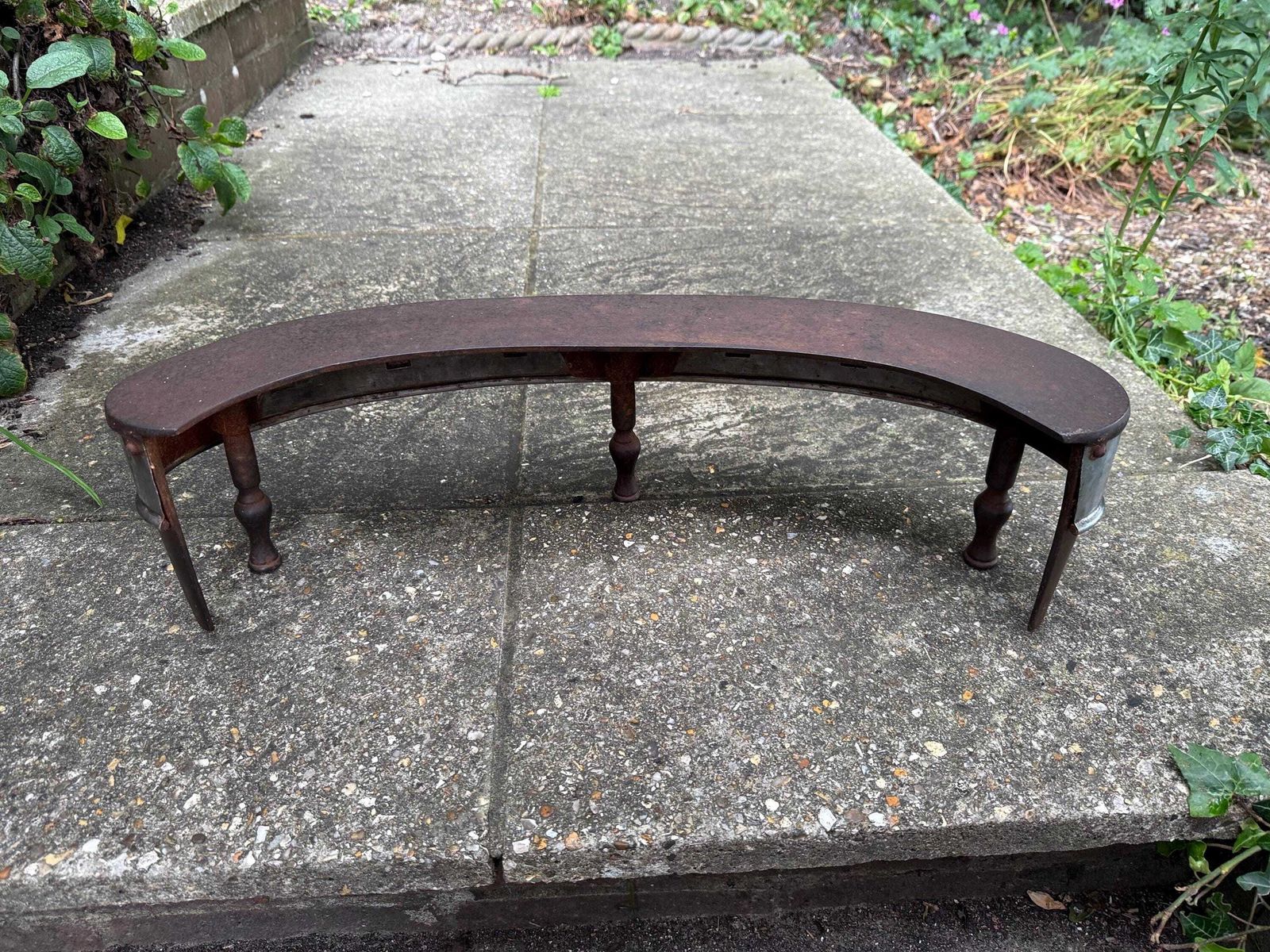 photo furniture Rare Art Deco Iron & Chrome Fire Fender – Curved Fireplace Guard With Square Stud Detailing, On Iron Legs, C1930s