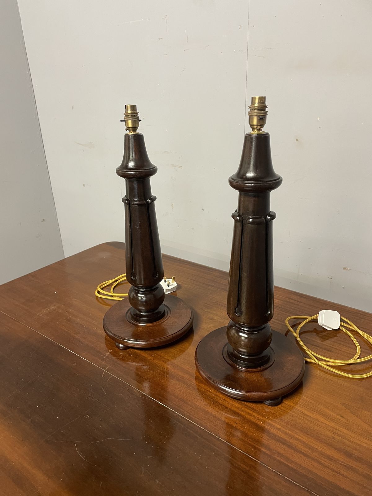photo buy Pair Of Large Mahogany Table Lamps (Shades Not Included)