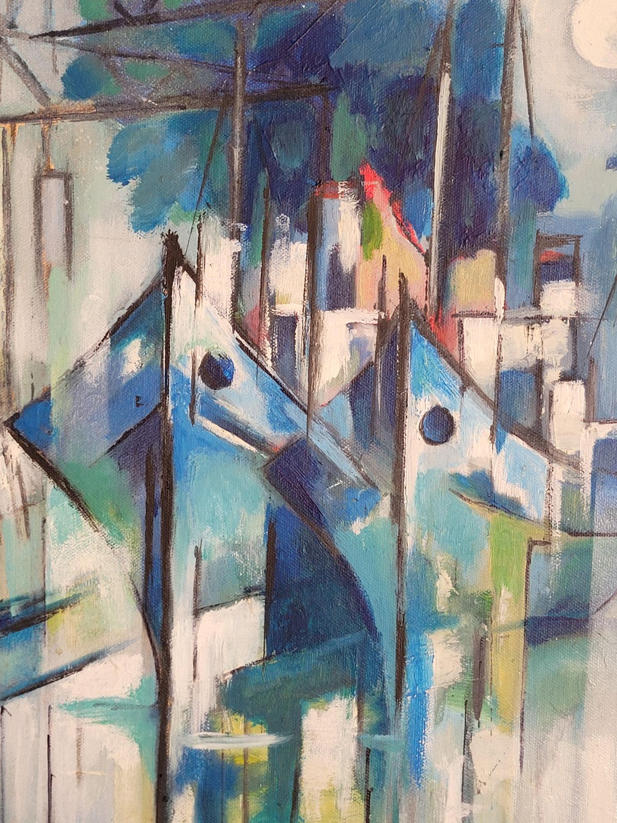 Boats In Harbour. Contemporary Cubist Acrylic On Canvas By Lombardo photo furniture