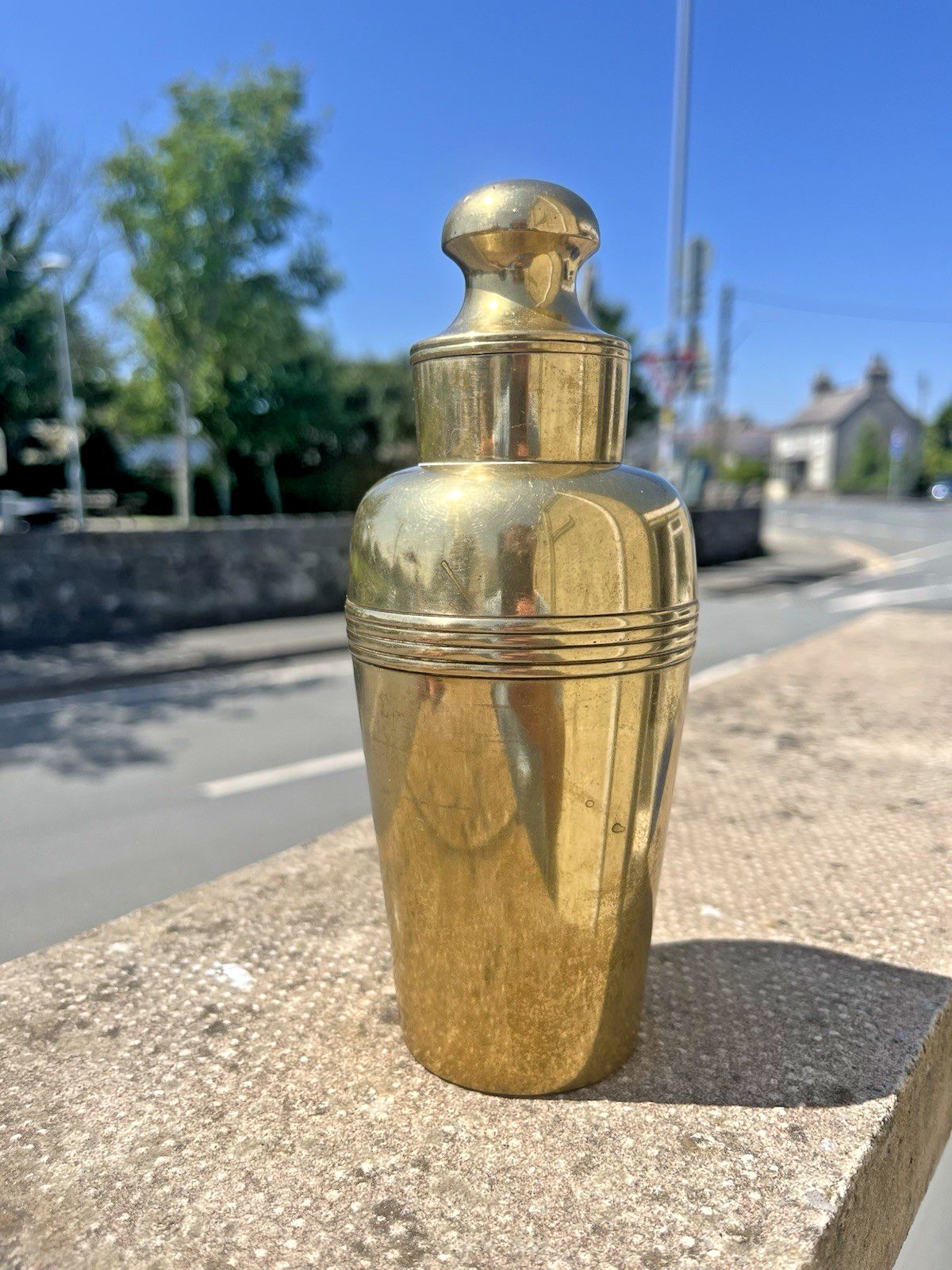 photo vinterior Antique Art Deco Pill Bottle Shape Cocktail Shaker Brass Plated Epns Bar Cabinet