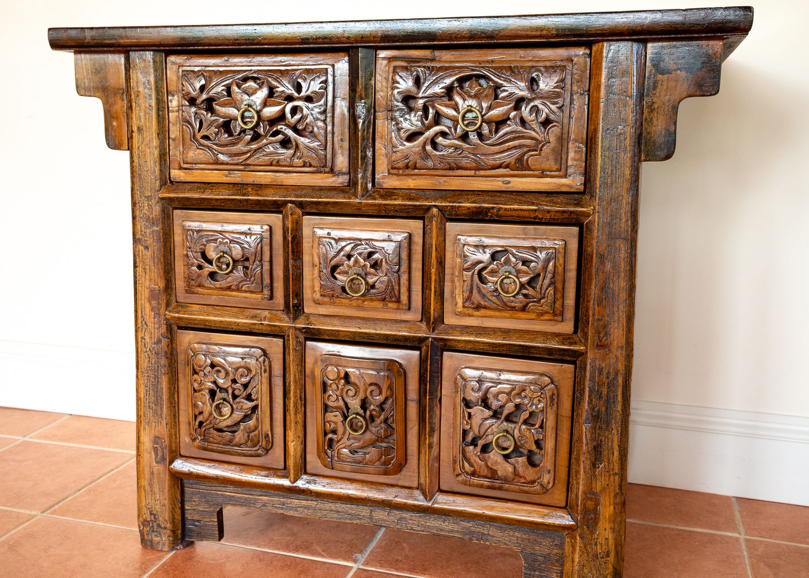 Fine Antique Carved Cabinet Chest Of Drawers Commode Chinese Altar Temple Butterfly Cabine.T 18th Century Raised Carving Consol.E Sideboar.D Credenza photo Furniture