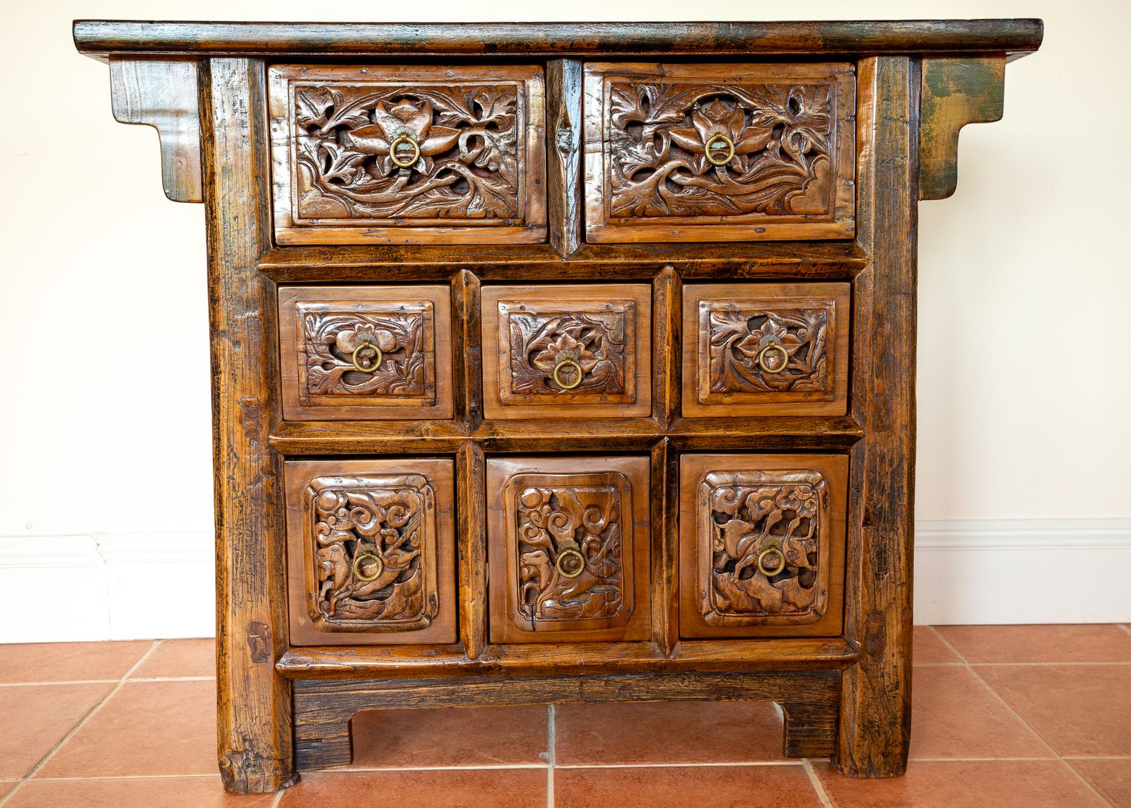 photo buy Fine Antique Carved Cabinet Chest Of Drawers Commode Chinese Altar Temple Butterfly Cabine.T 18th Century Raised Carving Consol.E Sideboar.D Credenza