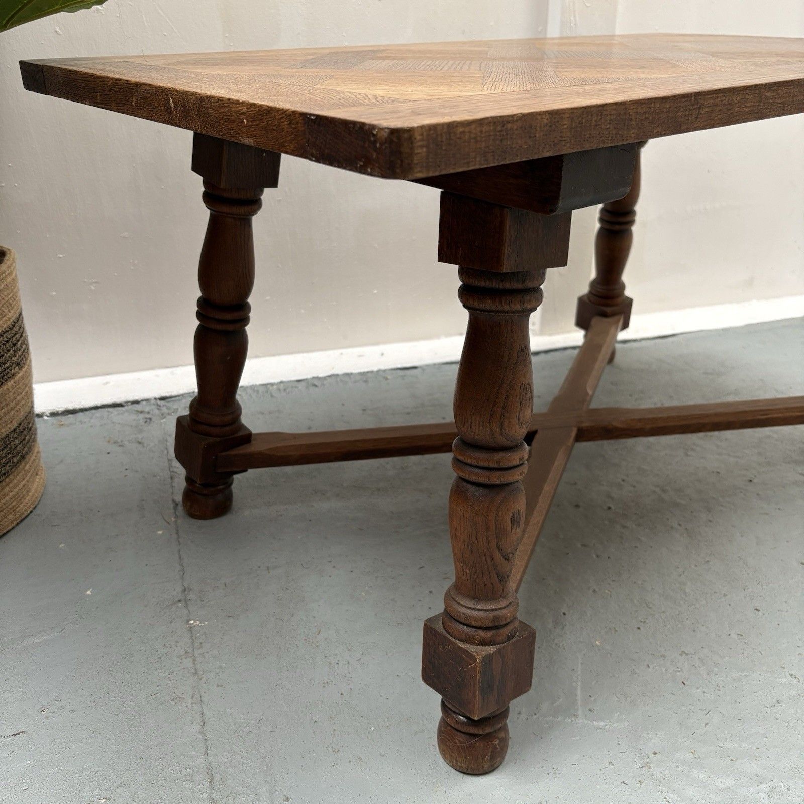 Mid Century French Oak Parquetry Herringbone Top Rustic Coffee Table photo 175.0