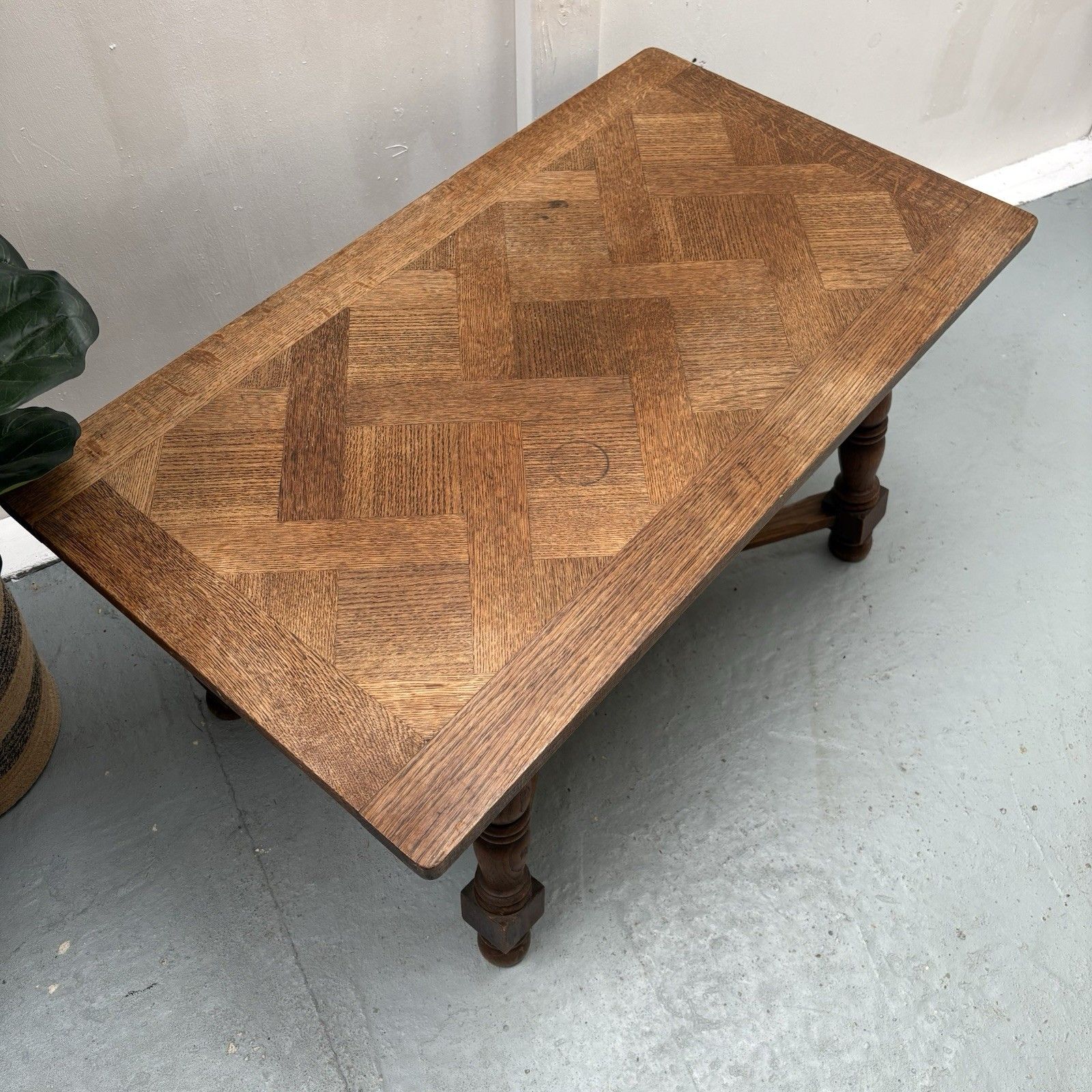 Mid Century French Oak Parquetry Herringbone Top Rustic Coffee Table photo vintage