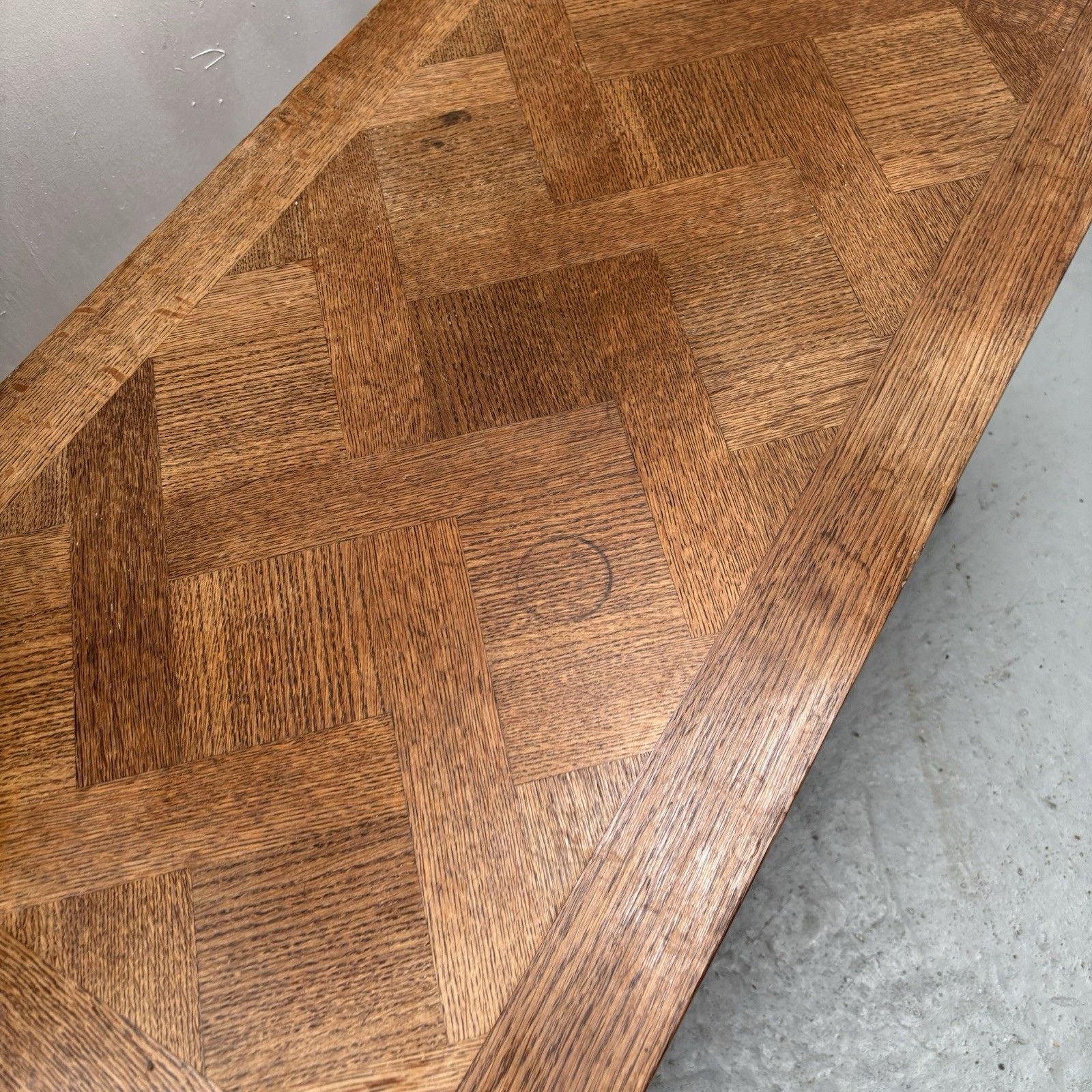 photo furniture Mid Century French Oak Parquetry Herringbone Top Rustic Coffee Table
