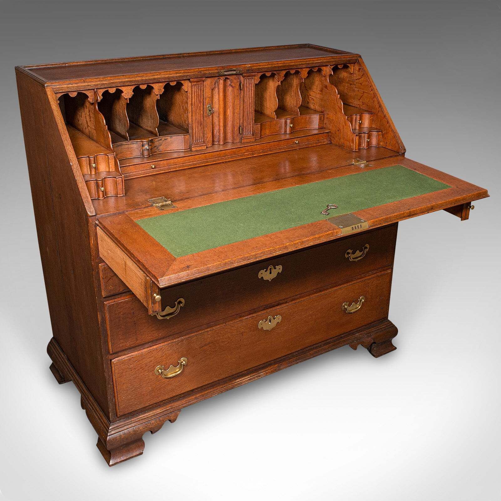 Large Antique Fall Front Bureau, English, Oak, Writing Cabinet, Georgian, C.1750