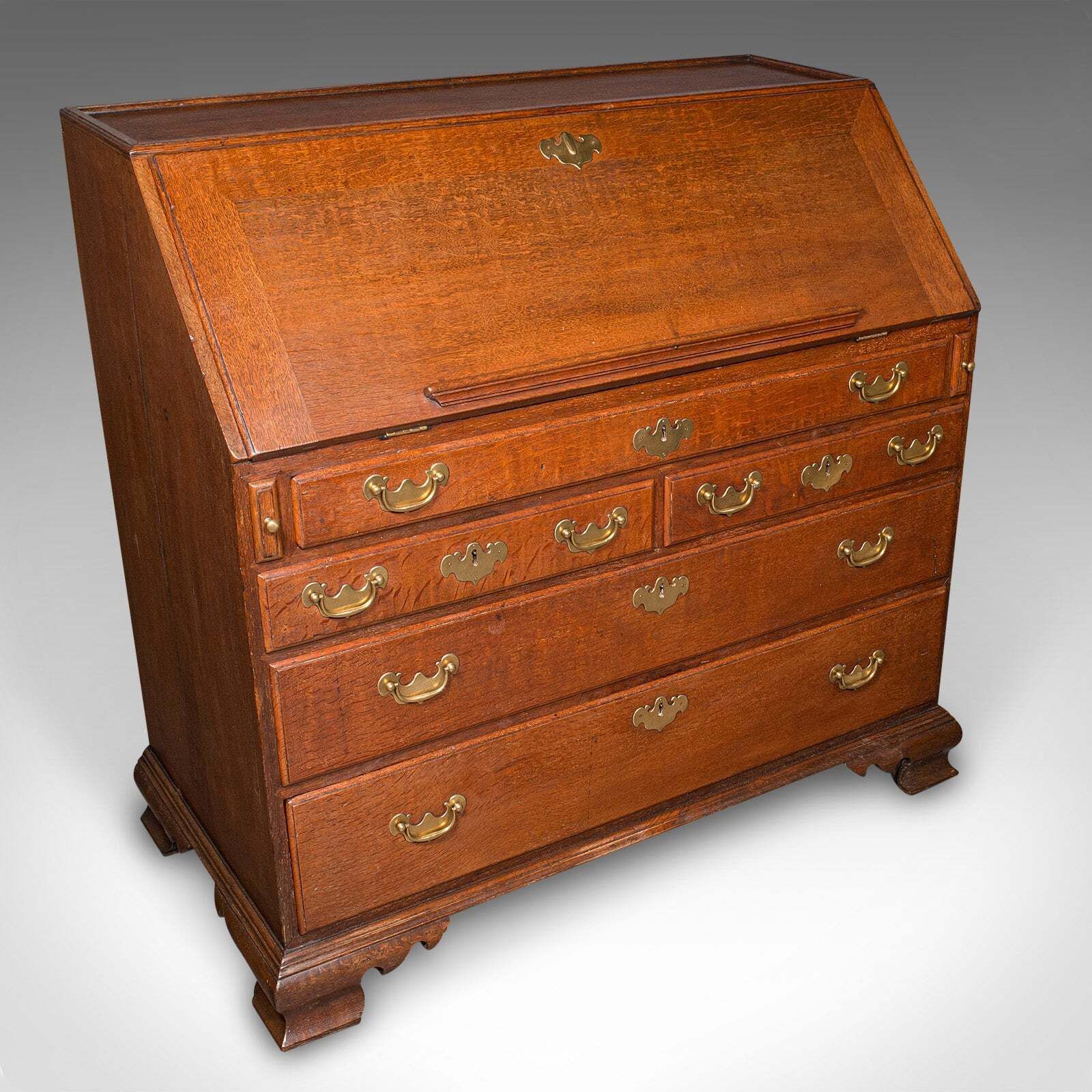 Large Antique Fall Front Bureau, English, Oak, Writing Cabinet, Georgian, C.1750 photo for sale