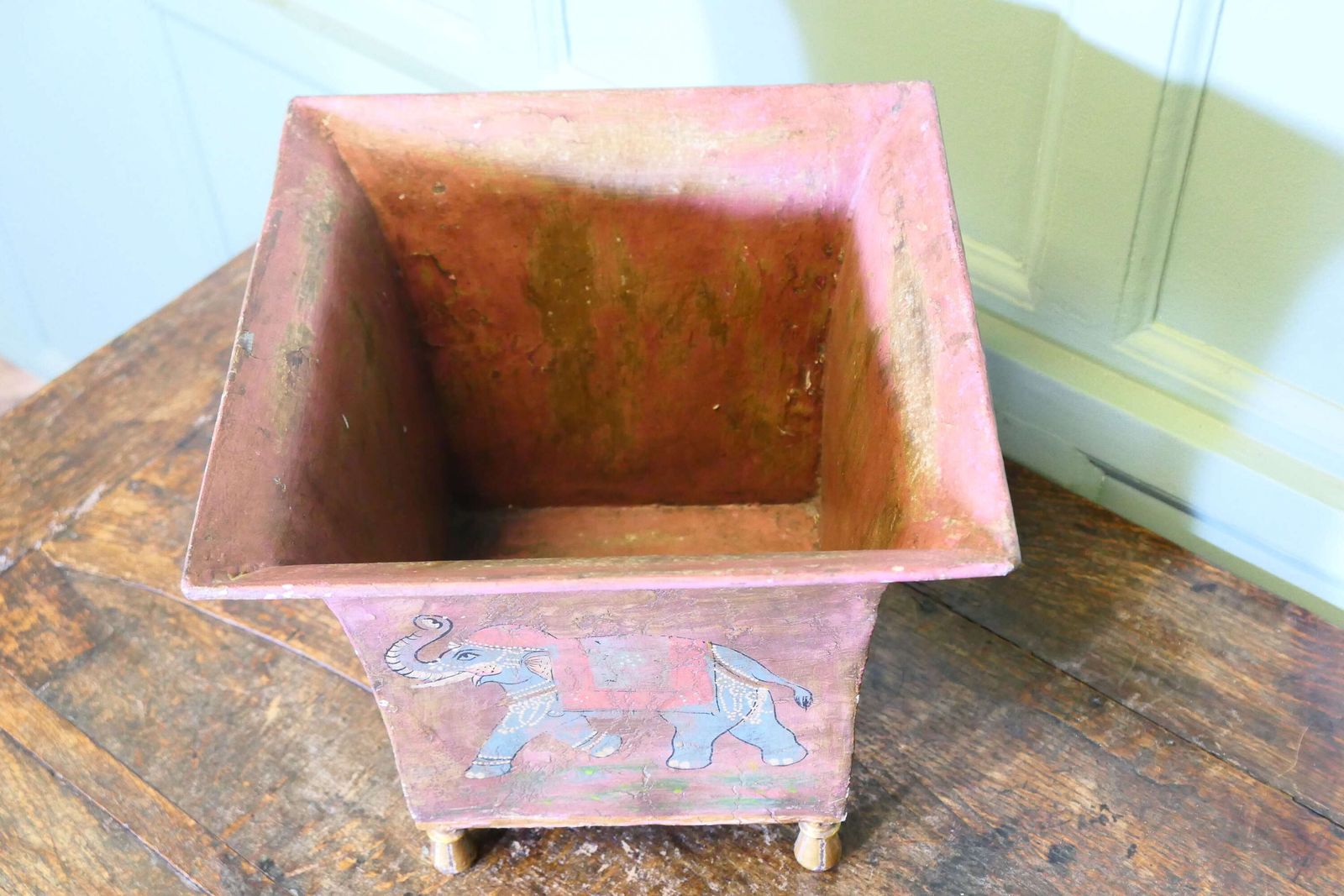 Indian Metal Jardiniere Painted With Elephants photo for sale