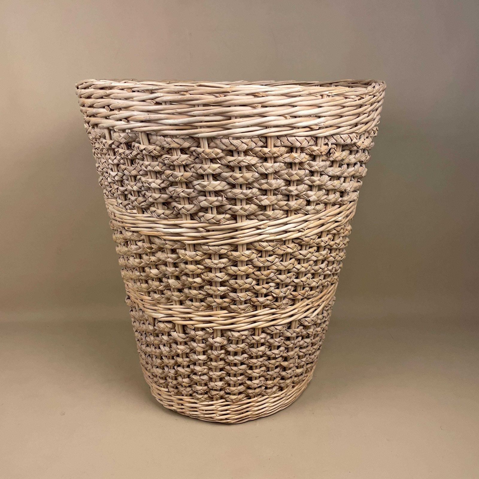 Vintage Large Round Laundry Basket Woven Wicker Brown Antique Cylinder Storage Farmhouse Cottage Decor Antique Cane Wood Logs Fireplace photo for sale