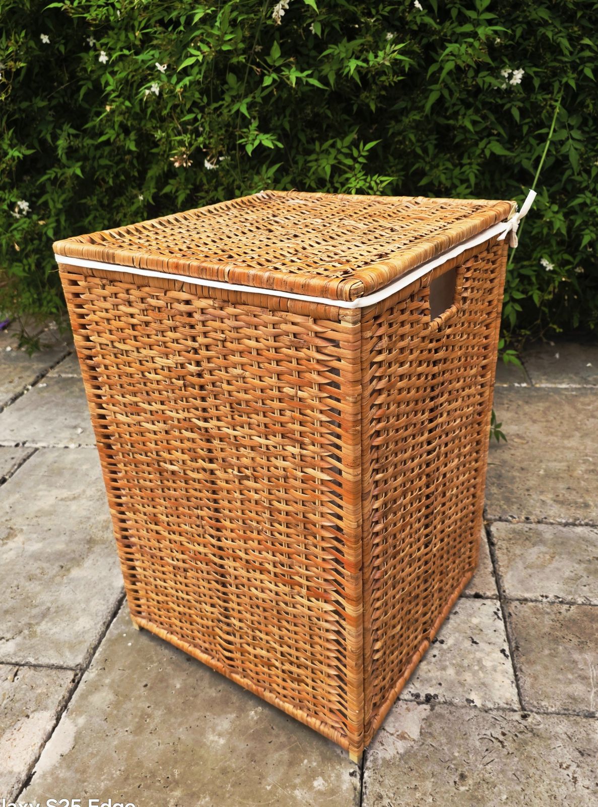 Tall Wicker Laundry Basket With Cream Linen Interior photo furniture