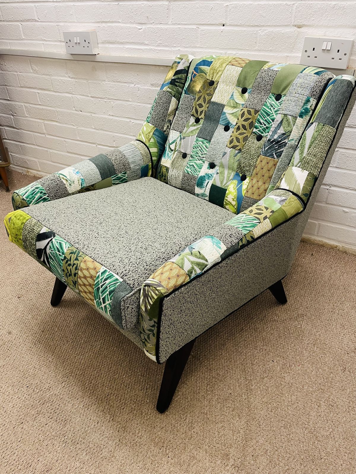 Vintage G Plan Armchair Reupholstered In Green Colours Patchwork Design photo for sale