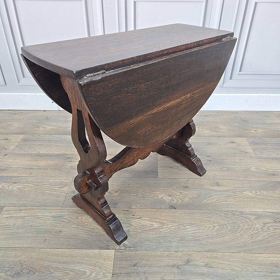 Antique Oak Drop Leaf Table Wooden Sofa Coffee Oval Top Carved Trestle Base photo furniture