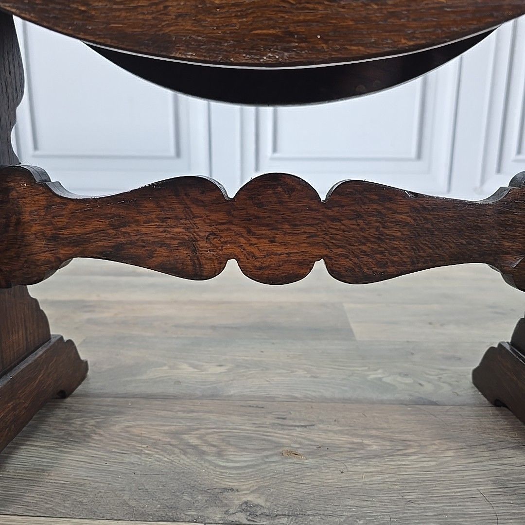 Antique Oak Drop Leaf Table Wooden Sofa Coffee Oval Top Carved Trestle Base photo vinterior