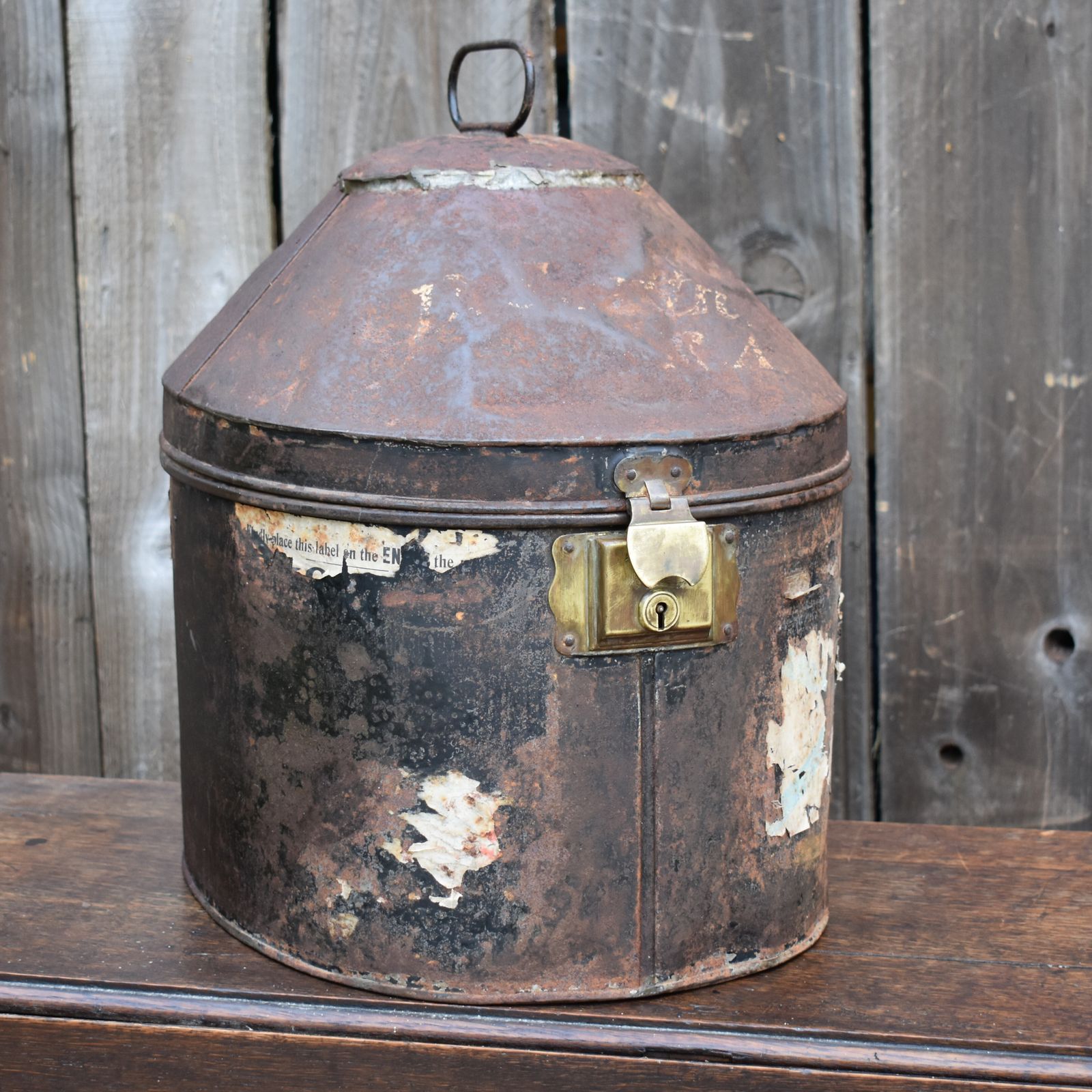 Antique Large Military Navy Uniform Helmet Hat Box Tin Case With Travel Labels