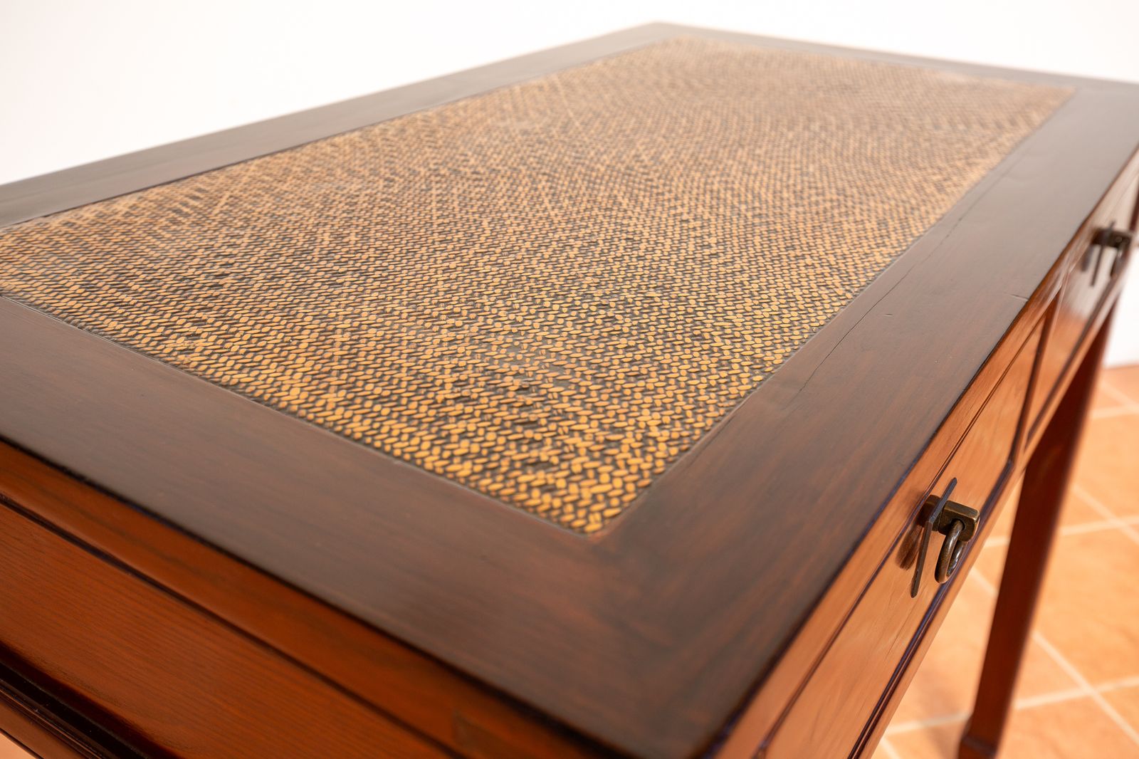 1950.0 Antique Lacquered Chinese Console Tabl.E Des.K Inlaid Jumu Elm Early 20th Century Rattan Hallway Tabl.E Occasional Side Tabl.E Two Drawers photo