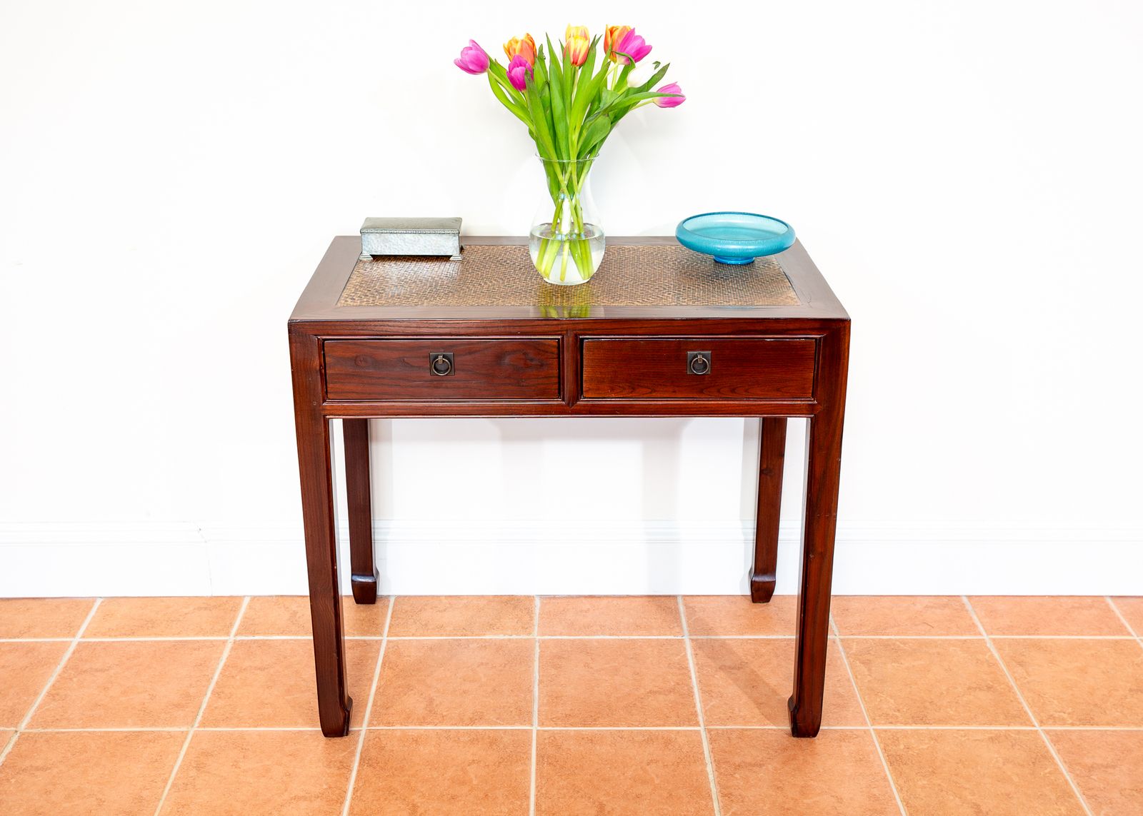 Antique Lacquered Chinese Console Tabl.E Des.K Inlaid Jumu Elm Early 20th Century Rattan Hallway Tabl.E Occasional Side Tabl.E Two Drawers photo furniture