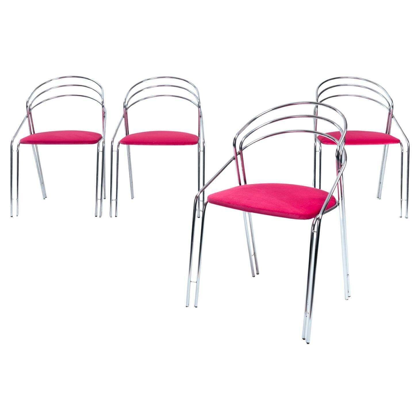 Midcentury Chrome Pink Velvet Dining Chair Set, 4 Pcs, Italy 1970s