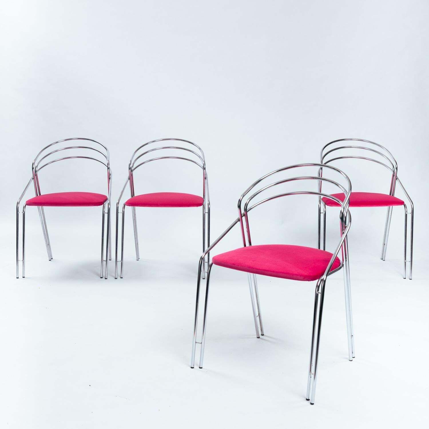 Midcentury Chrome Pink Velvet Dining Chair Set, 4 Pcs, Italy 1970s photo for sale