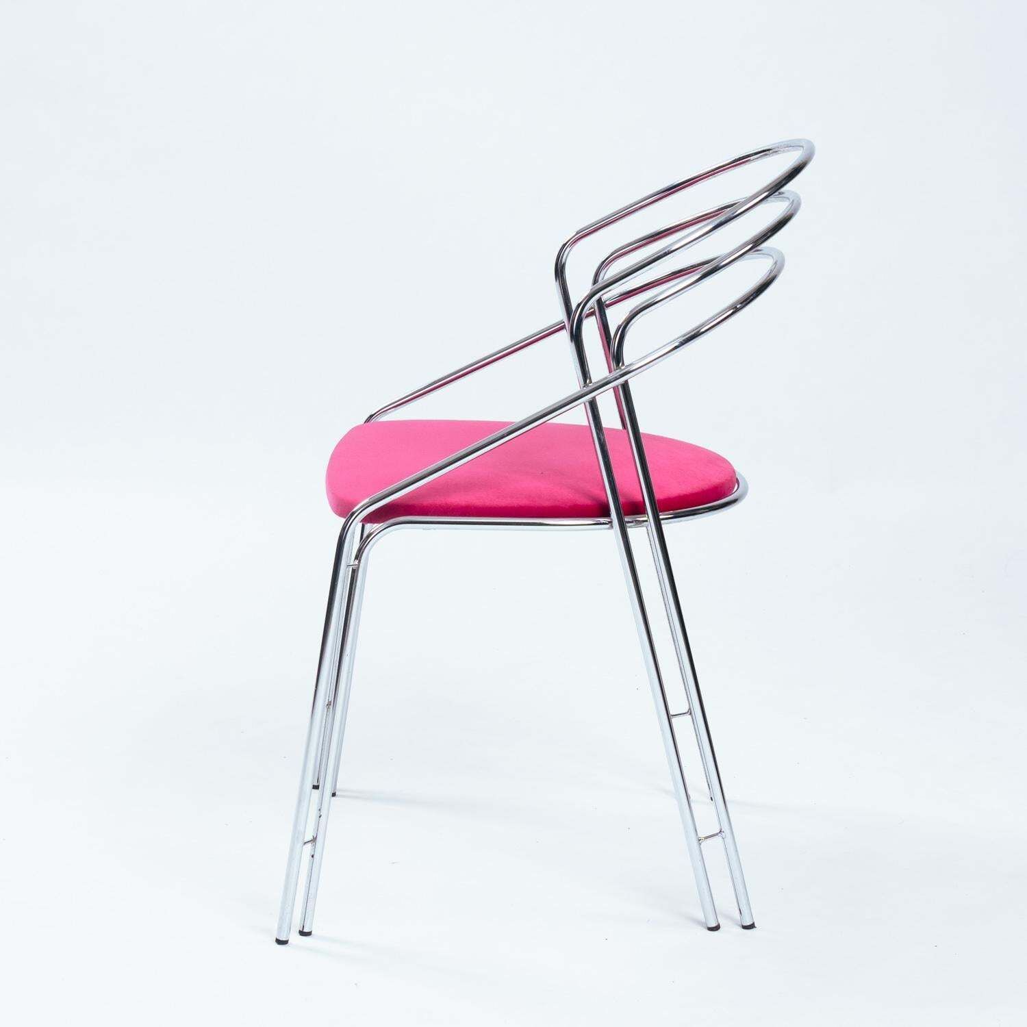 photo furniture Midcentury Chrome Pink Velvet Dining Chair Set, 4 Pcs, Italy 1970s