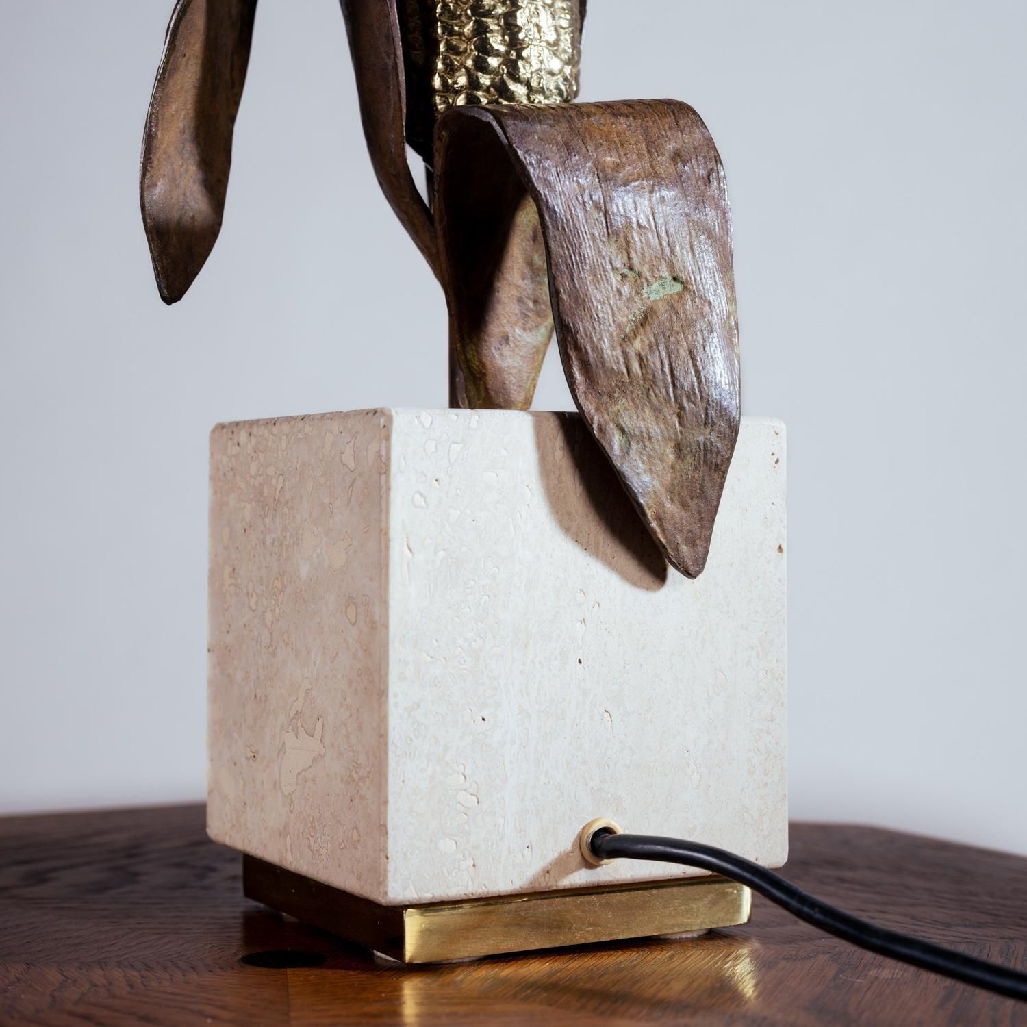 Maison Charles Attr. Brass, Bronze And Travertine Table Light, France, 1960s photo buy
