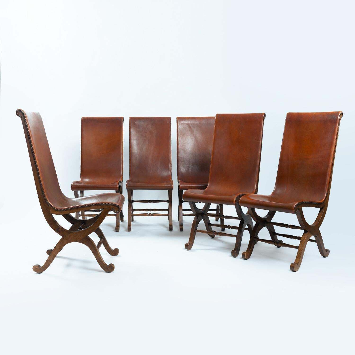 photo for sale Pierre Lottier Brown Spanish Slipper Chairs By Almazan, 1950s