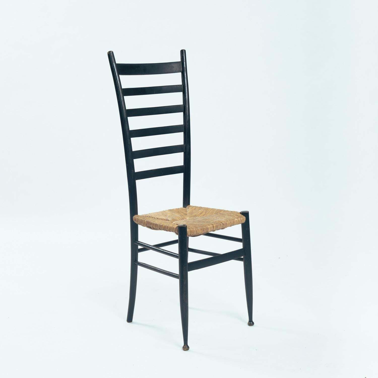 Chiavari Italian Gio Ponti Style Ebonised Straw Highback Chair, 1950s photo for sale