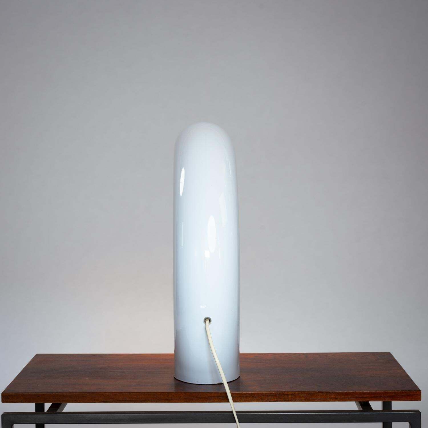 photo furniture Georges Frydman White Arc Shaped Aluminium Casted Table Lamp, France, 1960s