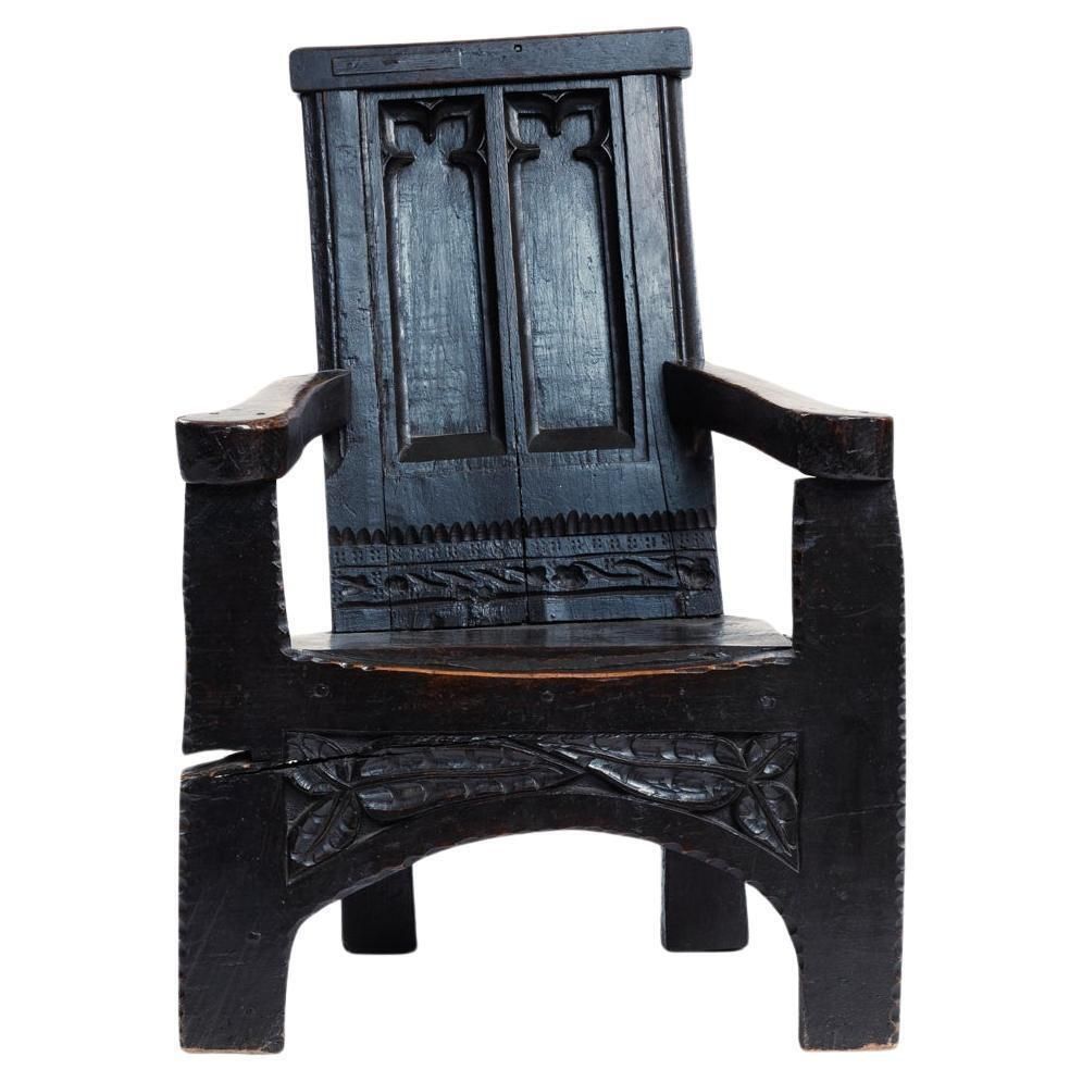 Antique Medieval Walnut Sculptural Arm Chair With Floral Carvings, 17th Century