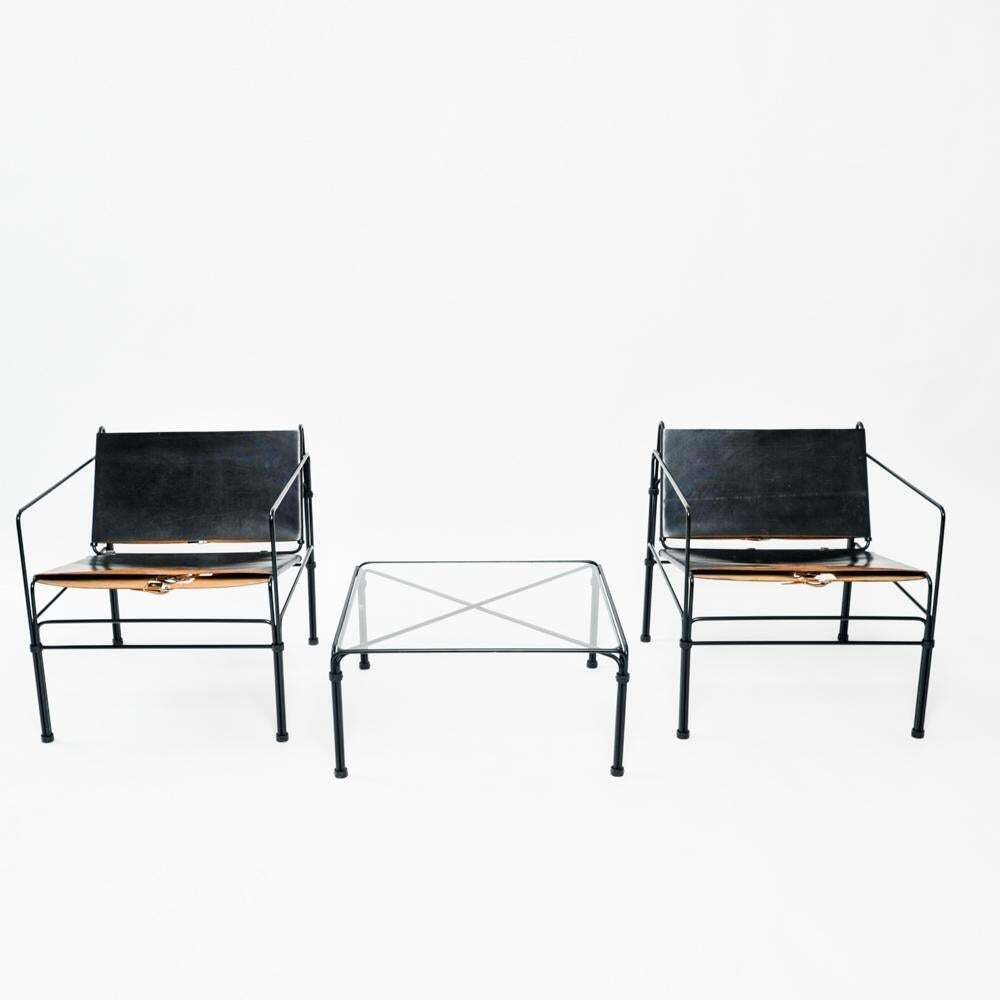9828.0 Collectors Item Leather Steel Straps Lounge Chair Set By Jan Van Opzeeland, 3pcs photo