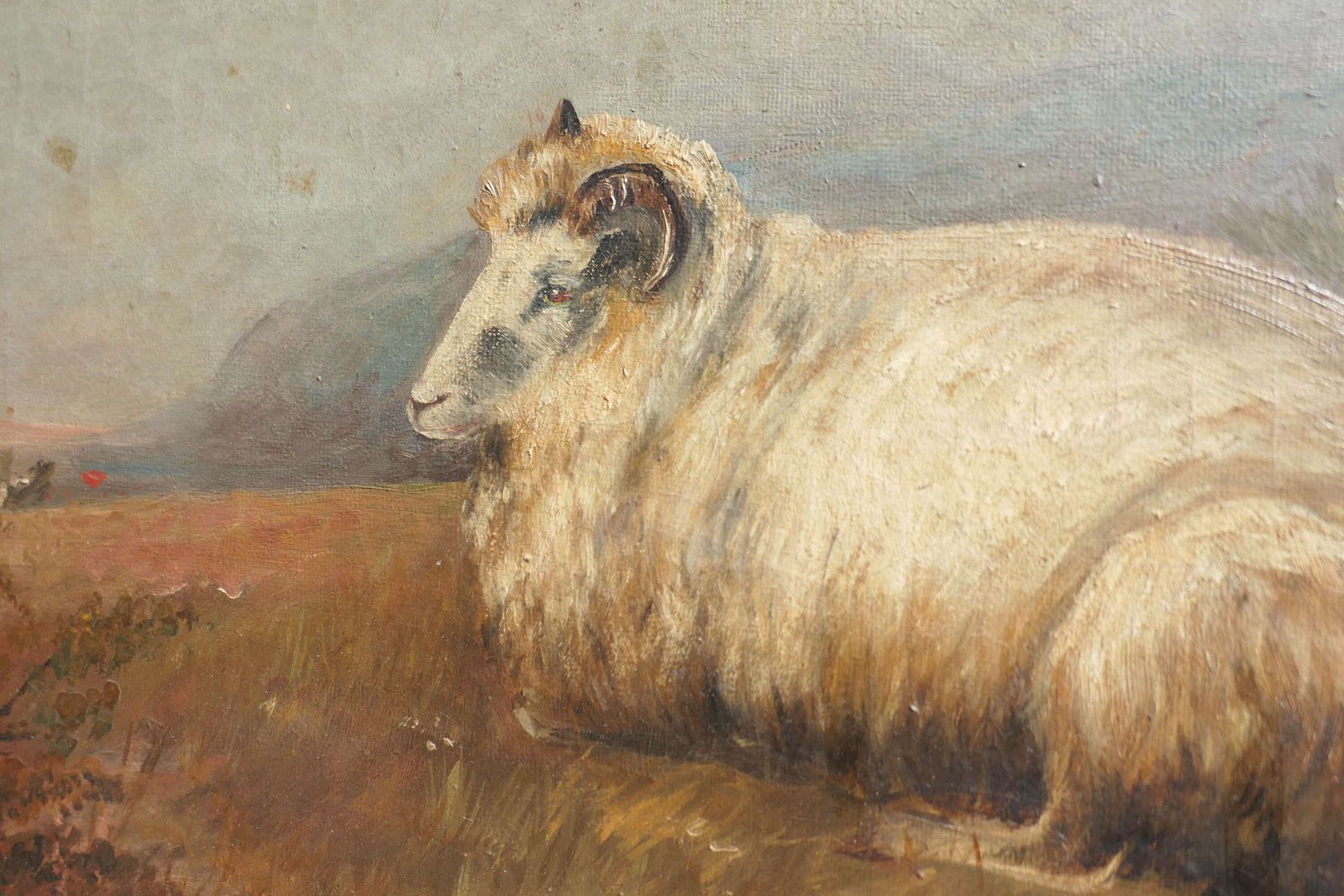 Large Unsigned Victorian Oil Painting, Of A Cow And Sheep photo Art