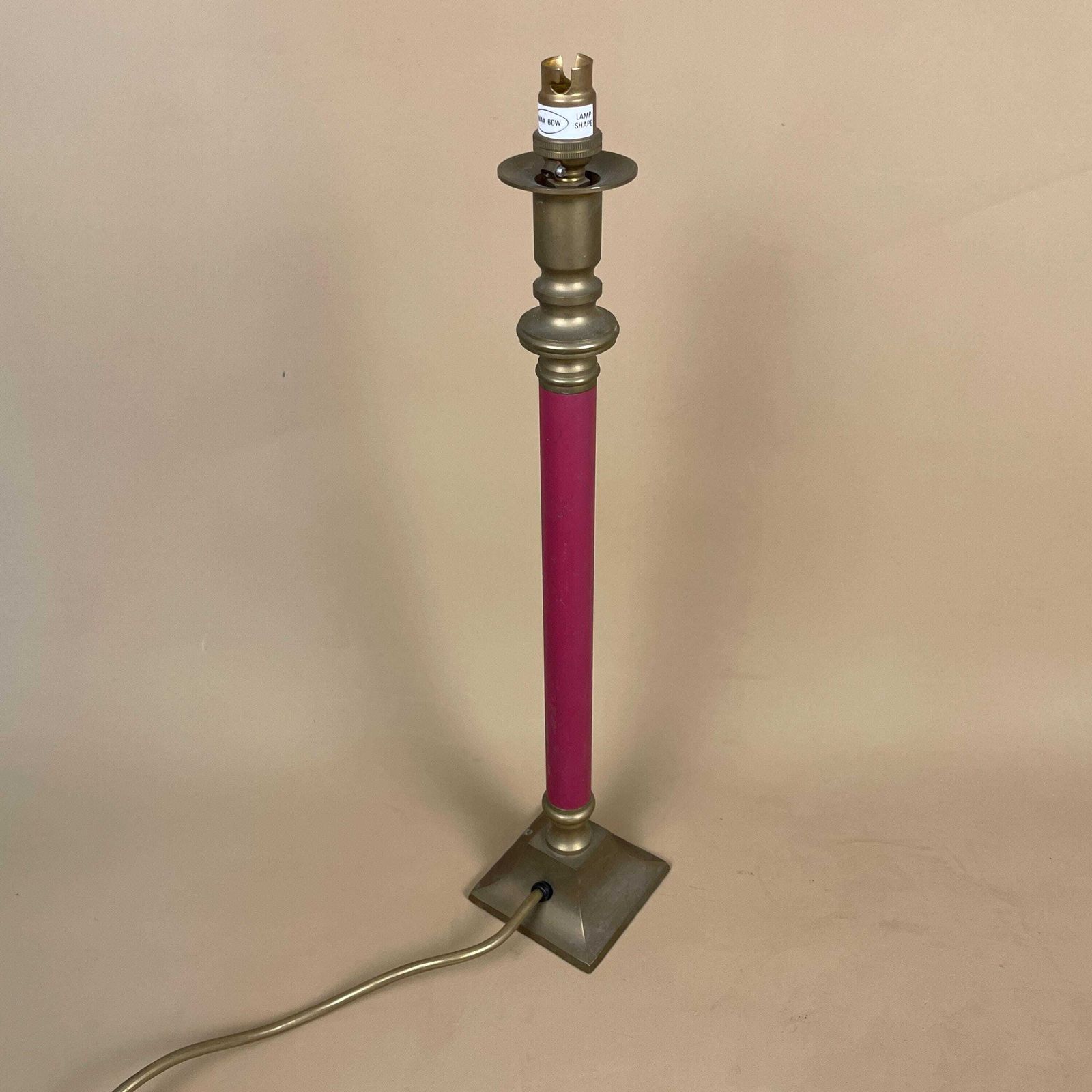 Vintage Burgundy Red & Gold Brass Metal Lamp Side Light Bedside Table Lamp Thin Slim Column Pillar Square Base photo vinterior