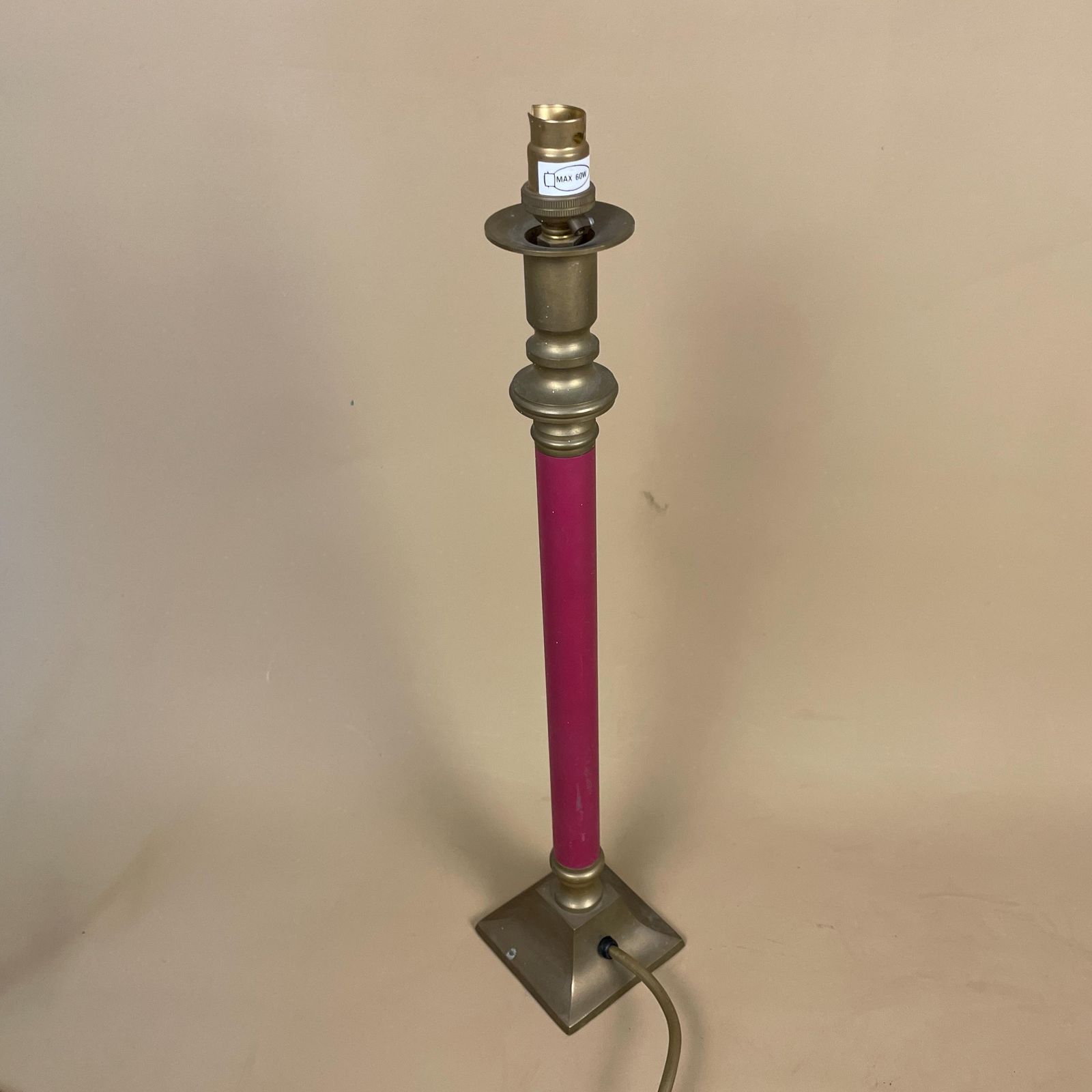 Vintage Burgundy Red & Gold Brass Metal Lamp Side Light Bedside Table Lamp Thin Slim Column Pillar Square Base photo vintage