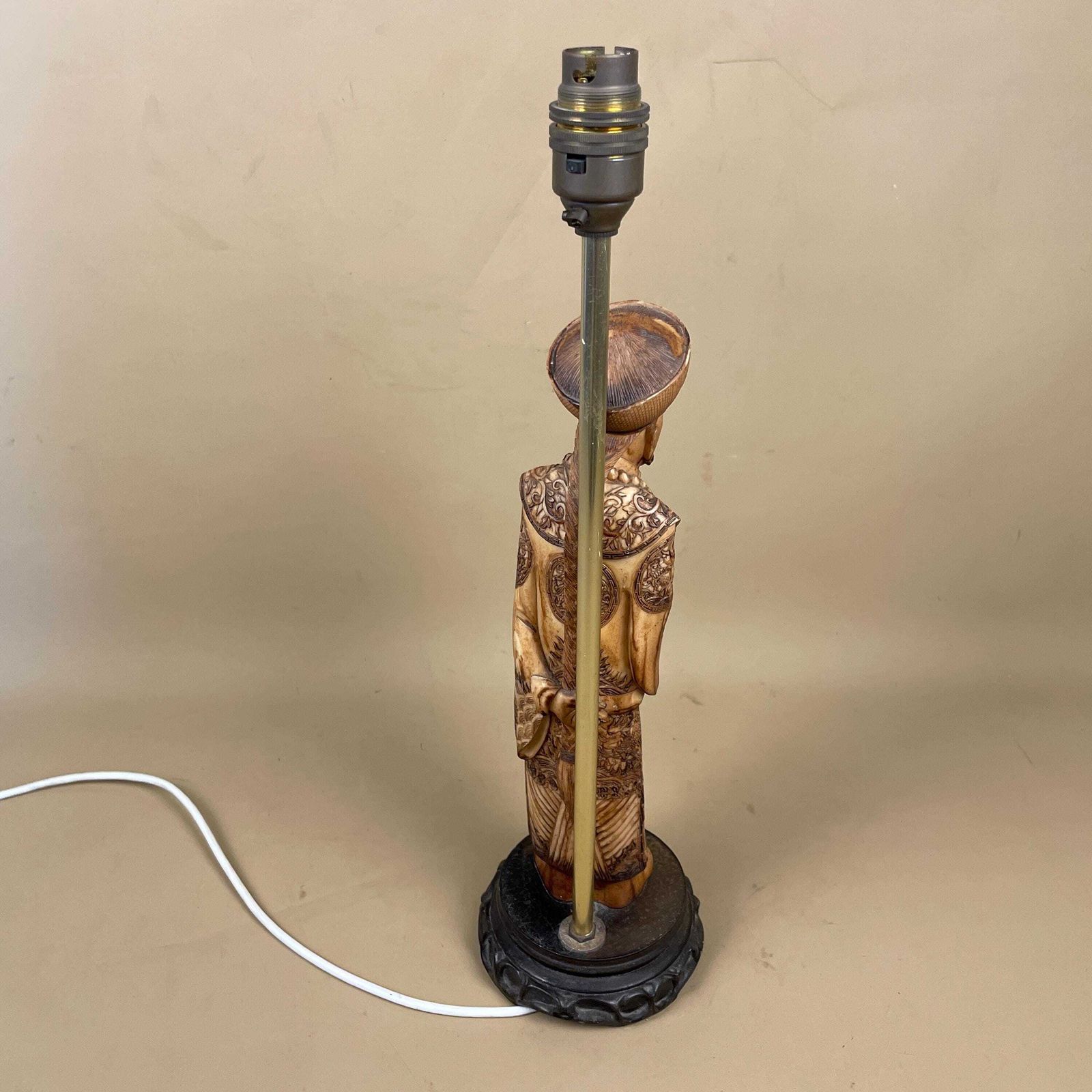 Vintage Japanese Man Lamp Bedside Side Table Oriental Handmade Statue Figure Wood Wooden Base Antique Carved Plastic Resin photo vinterior