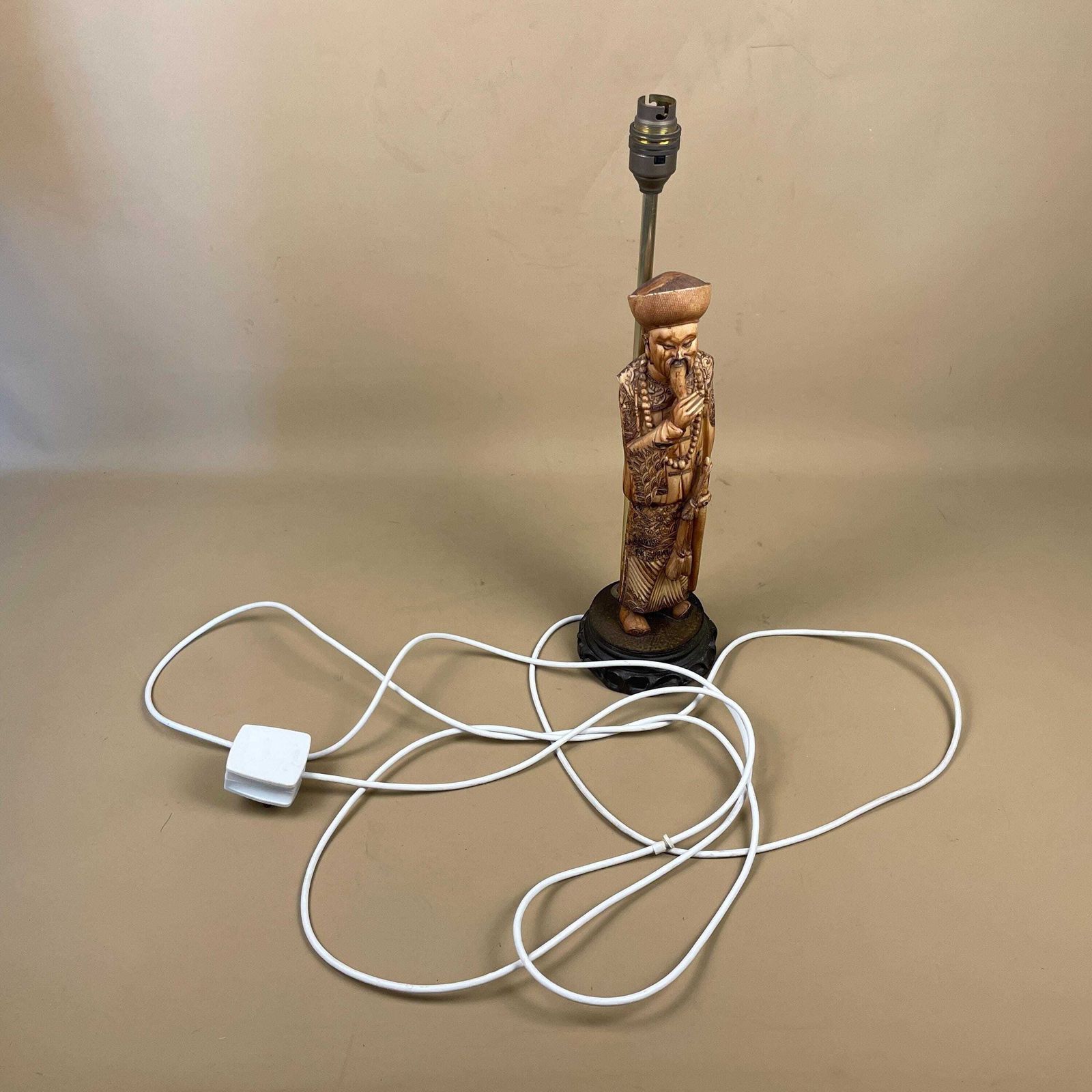 photo for sale Vintage Japanese Man Lamp Bedside Side Table Oriental Handmade Statue Figure Wood Wooden Base Antique Carved Plastic Resin