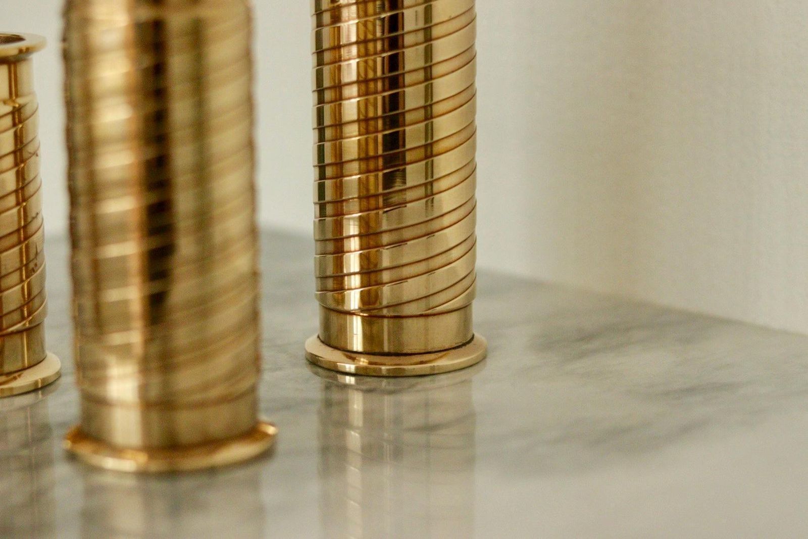 Trio Of Mid Century Swedish Brass Candle Holders photo Home Decor
