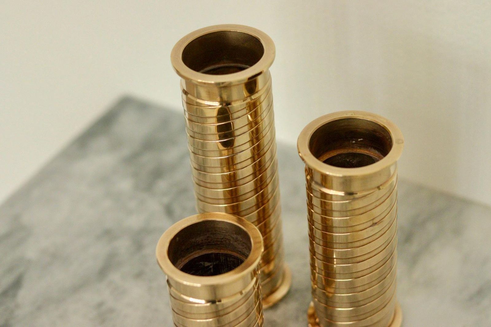 Trio Of Mid Century Swedish Brass Candle Holders photo vintage