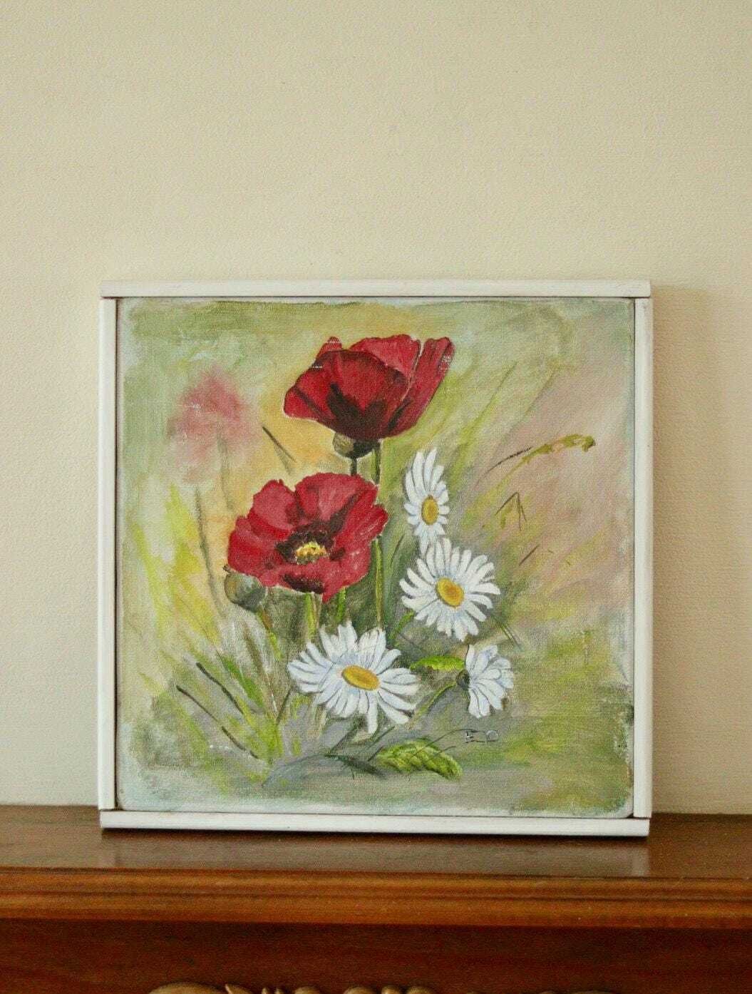 Mid 20th Century Still Life Oil On Canvas – Floral Painting – Signed – Vintage & Framed, 26 X 26 Cm / 10.2 X 10.2 In photo furniture