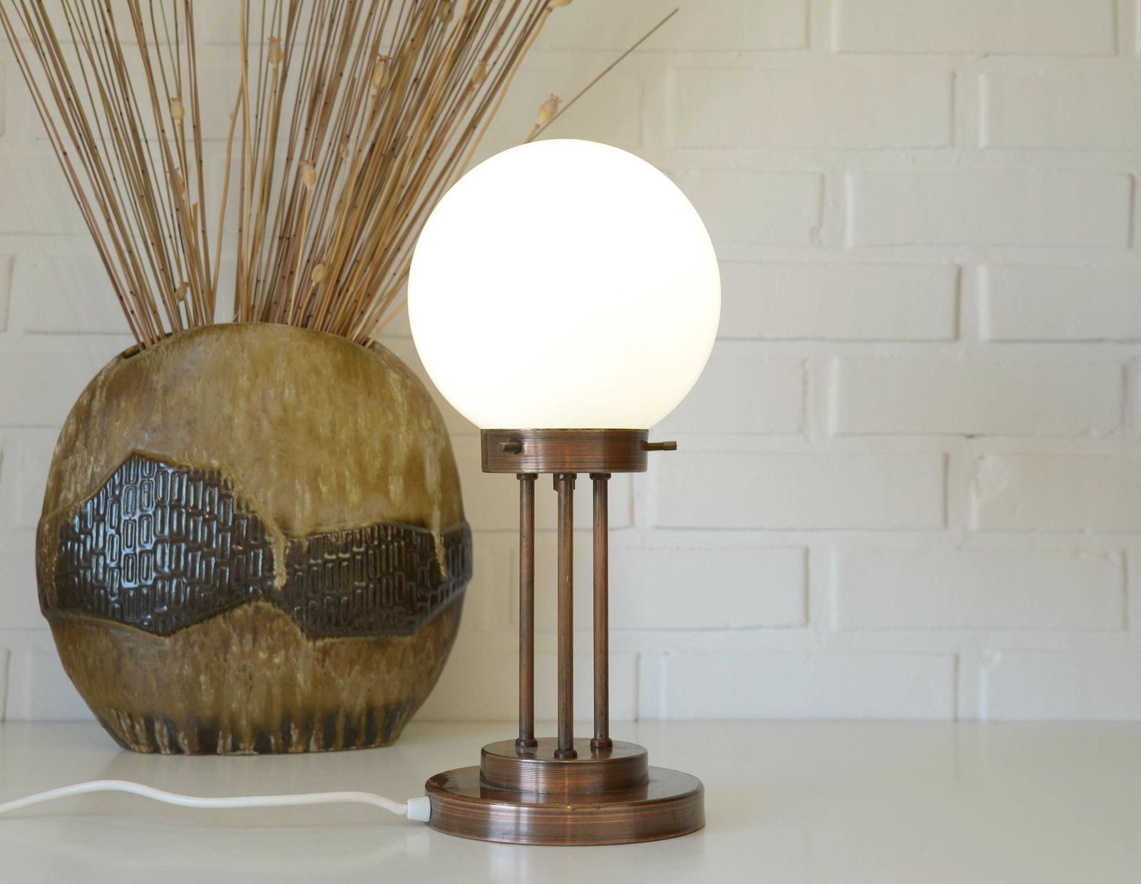 Vintage Desk Lamp / Mid Century Table Copper Light / Opaline Glass Light Fixture / Yugoslavia 1980s / Art Deco / Minimalist Rustic Light