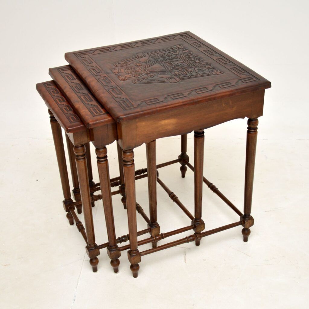 photo furniture Antique Embossed Leather Top Nest Of Tables