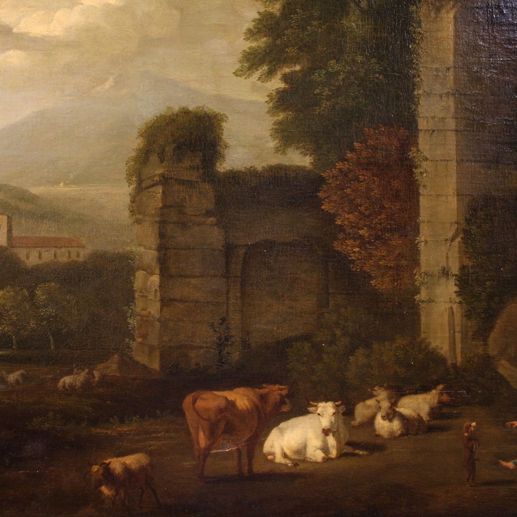 Great 17th Century Italian Painting, Bucolic Landscape With Ruins photo 4100.0