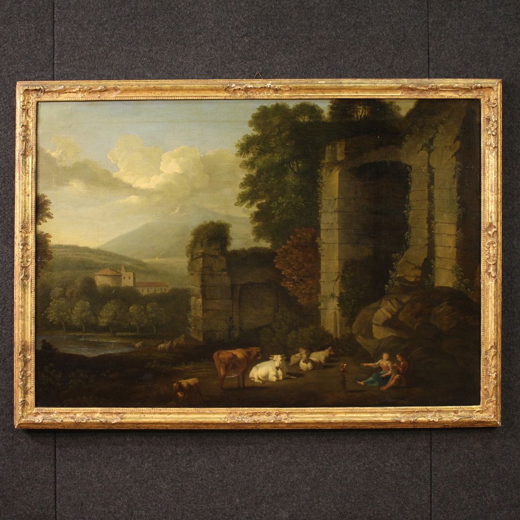 Great 17th Century Italian Painting, Bucolic Landscape With Ruins photo vinterior