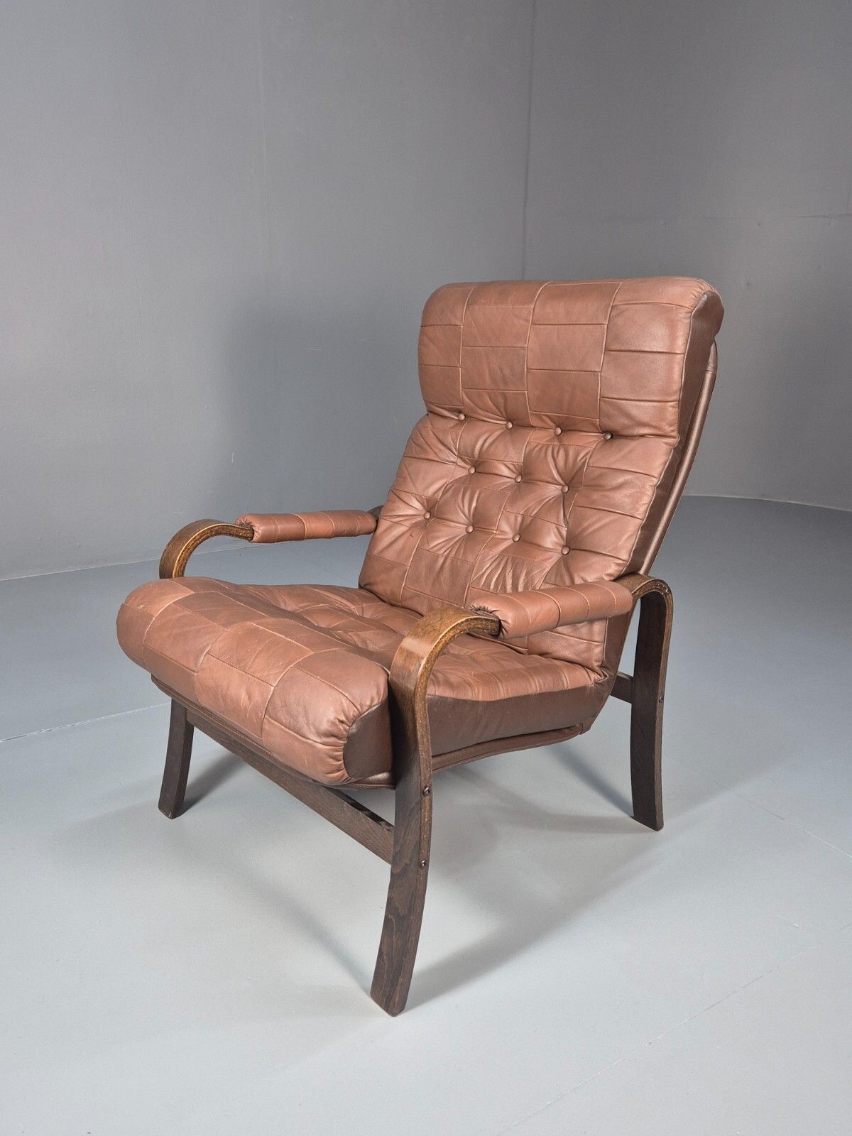 Vintage Danish Bentwood Lounge Chair Brown Leather Buttoned 1970s Eb9486 Mben