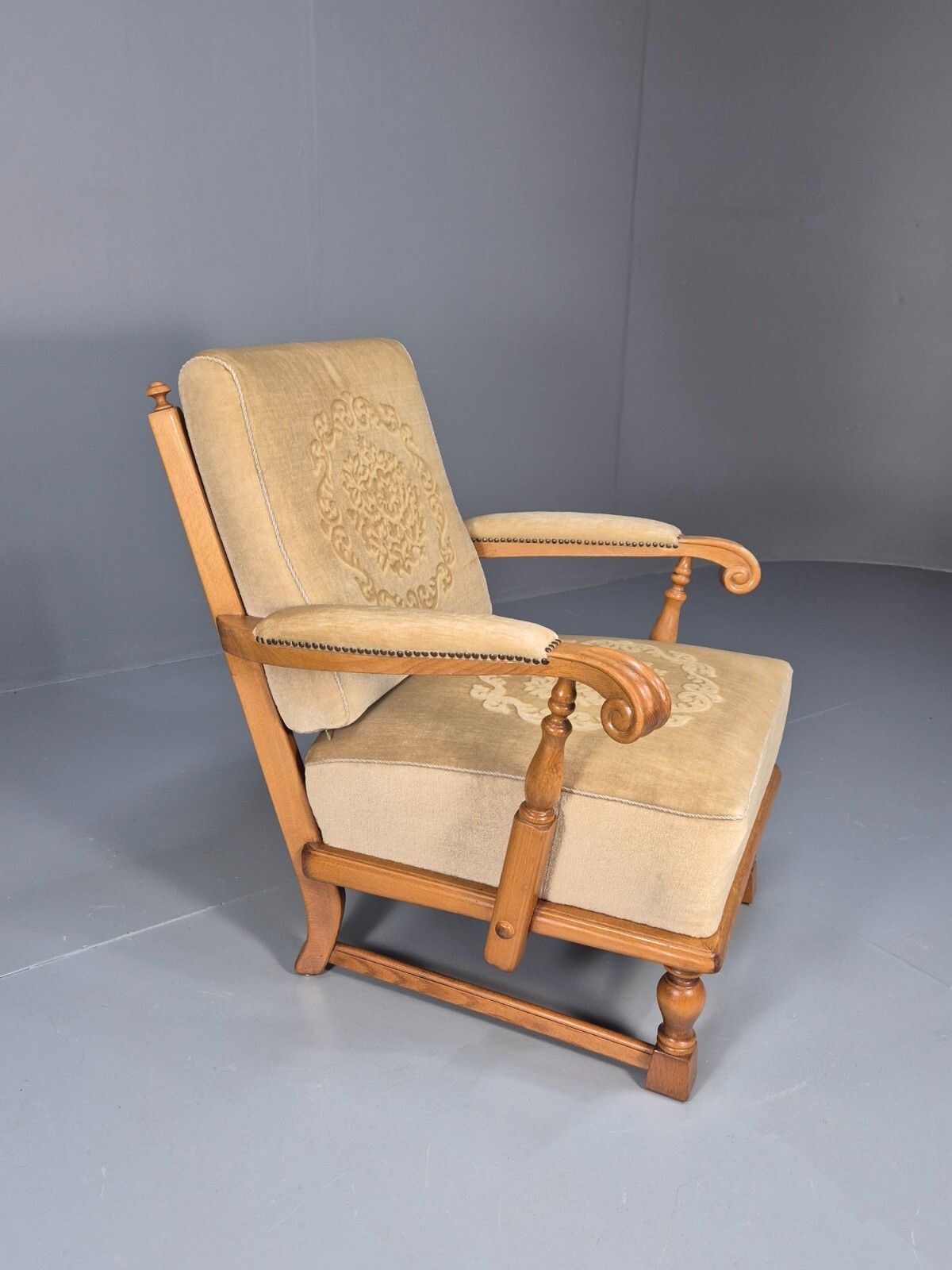 175.0 Vintage Danish Oak Frame 1970s Lounge Chair Gold Floral Upholstery Eb9658 Vclo photo