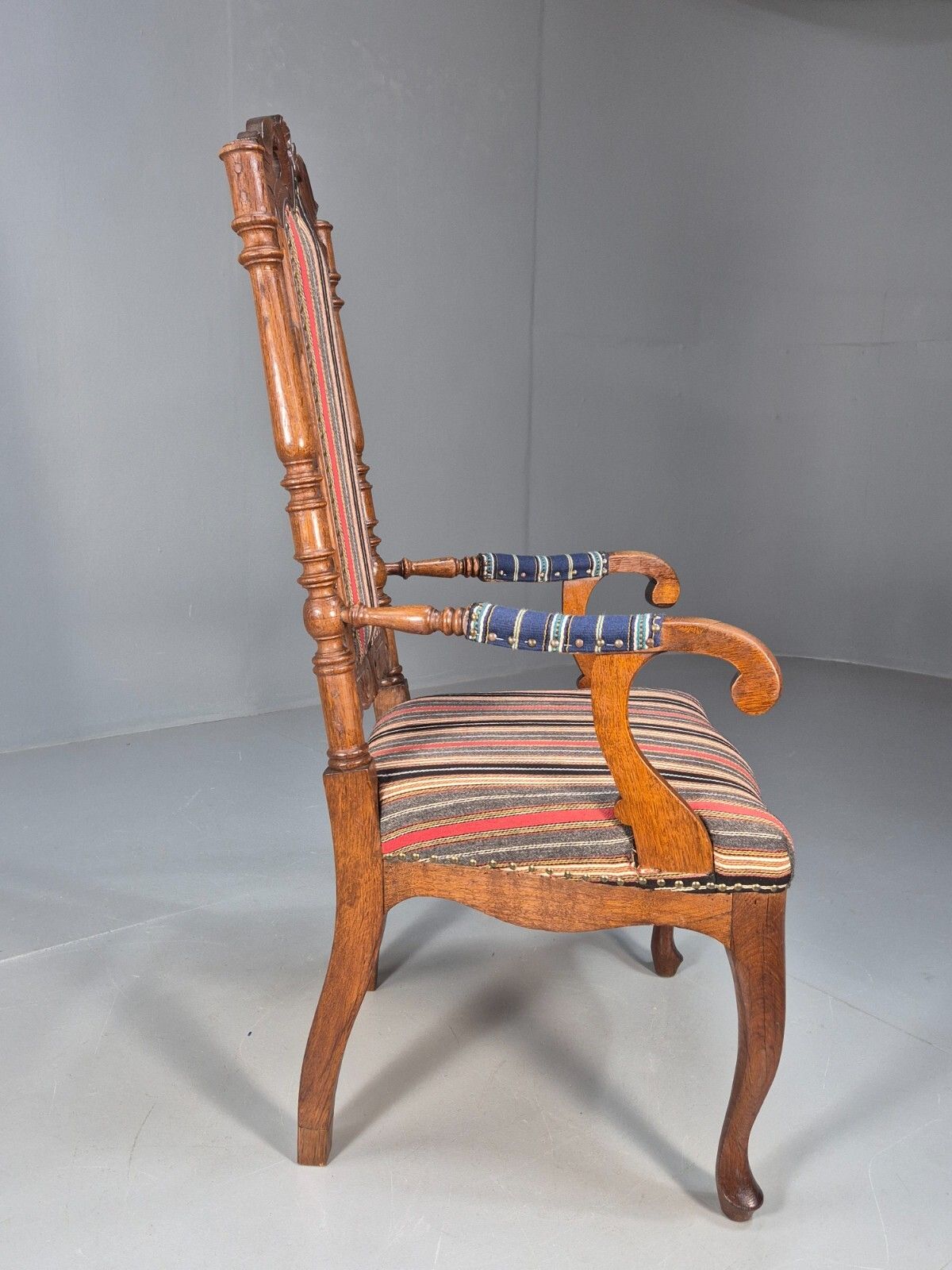 Vintage Danish Antique Armchair Early C20th Oak Frame Striped Wool  Eb8915 Vcar photo buy